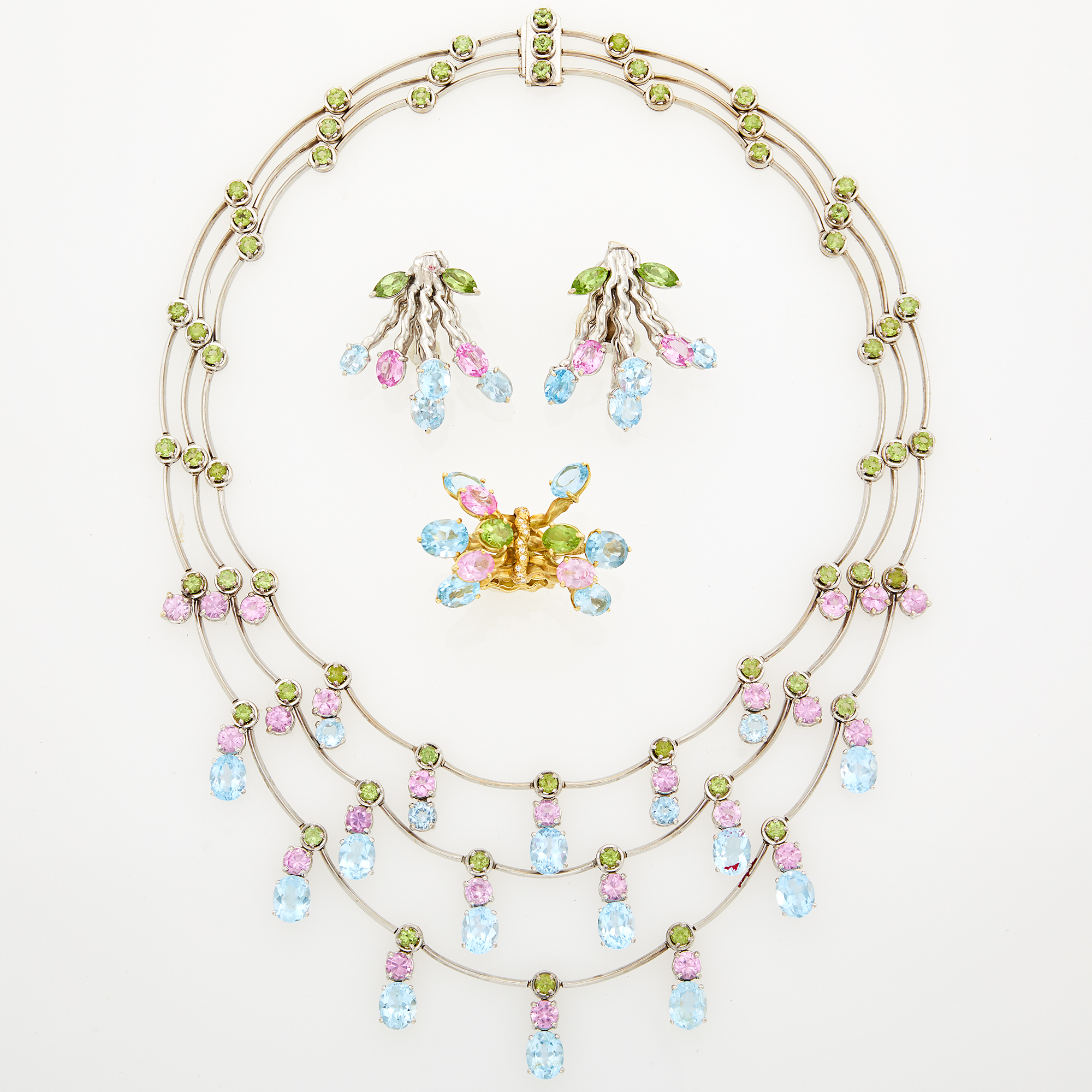 Lot image - Kaufmann De Suisse Triple Strand Two-Color Gold, Aquamarine, Peridot and Pink Tourmaline Bead Necklace, Ring and Pair of Earclips