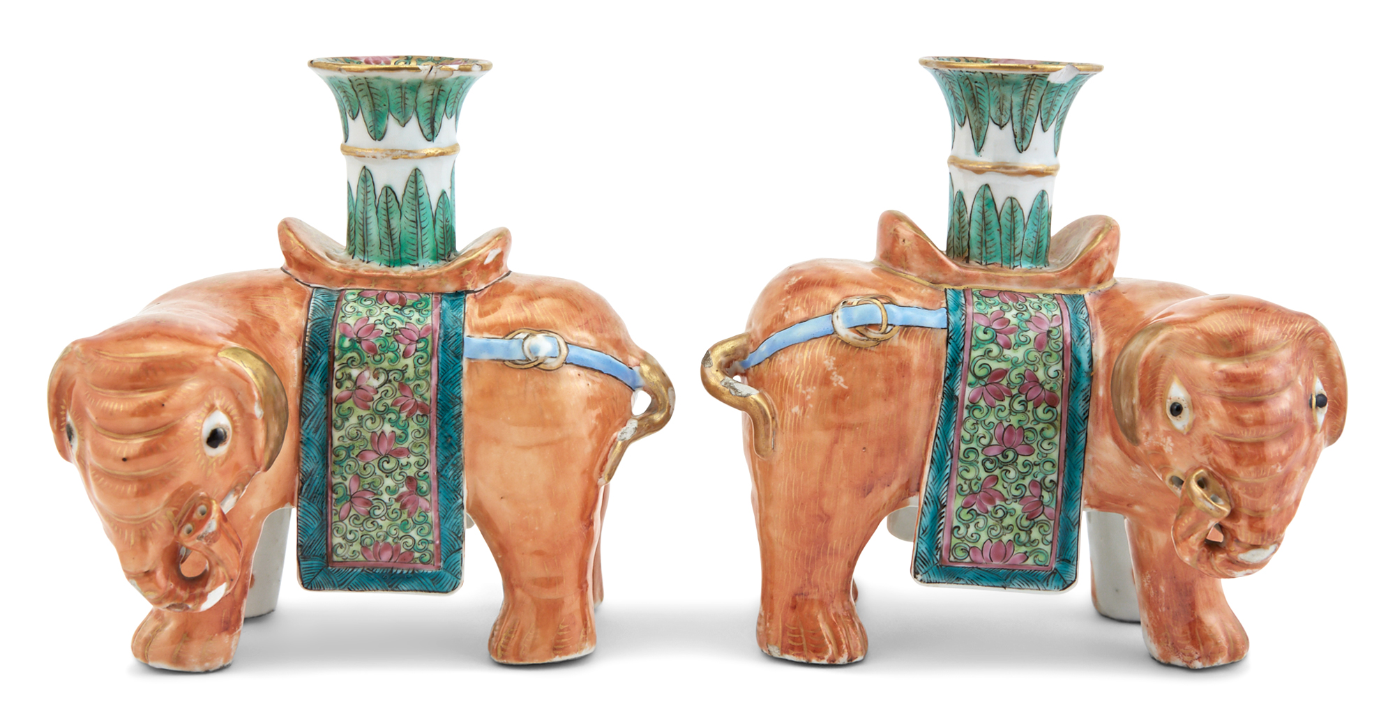 Lot image - A Pair of Chinese Export Porcelain Elephant-Form Candle Holders