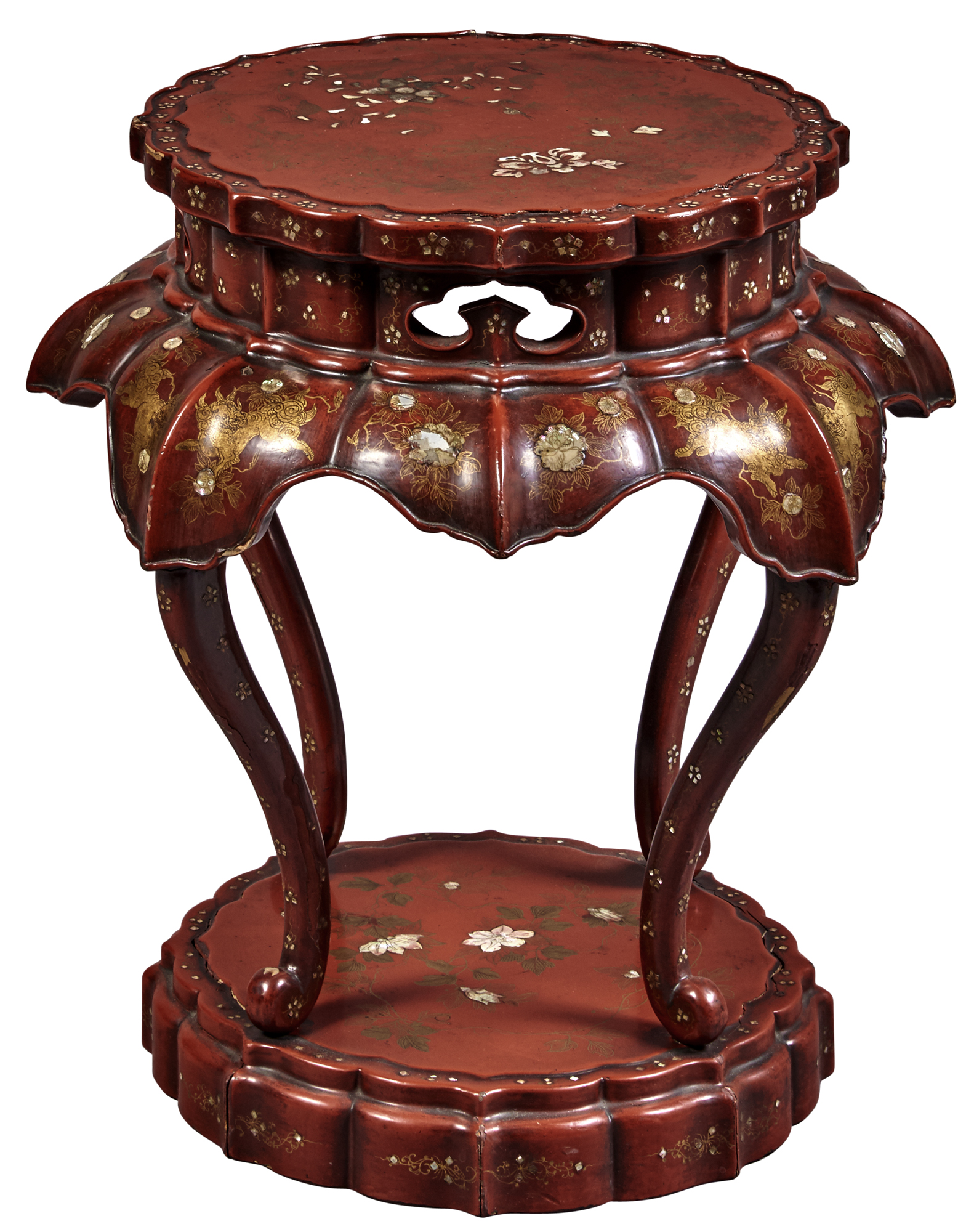 Lot image - Japanese Mother-of-Pearl Inlaid Red Lacquer Incense Stand