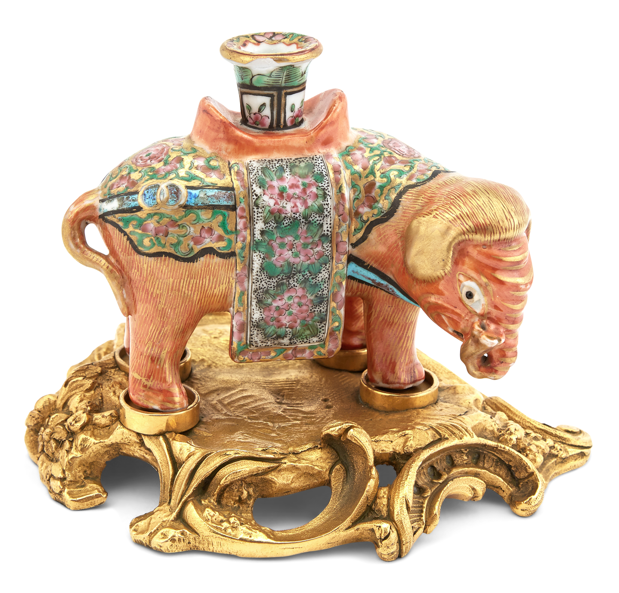 Lot image - A Chinese Export Porcelain Elephant on French Gilt Bronze Base