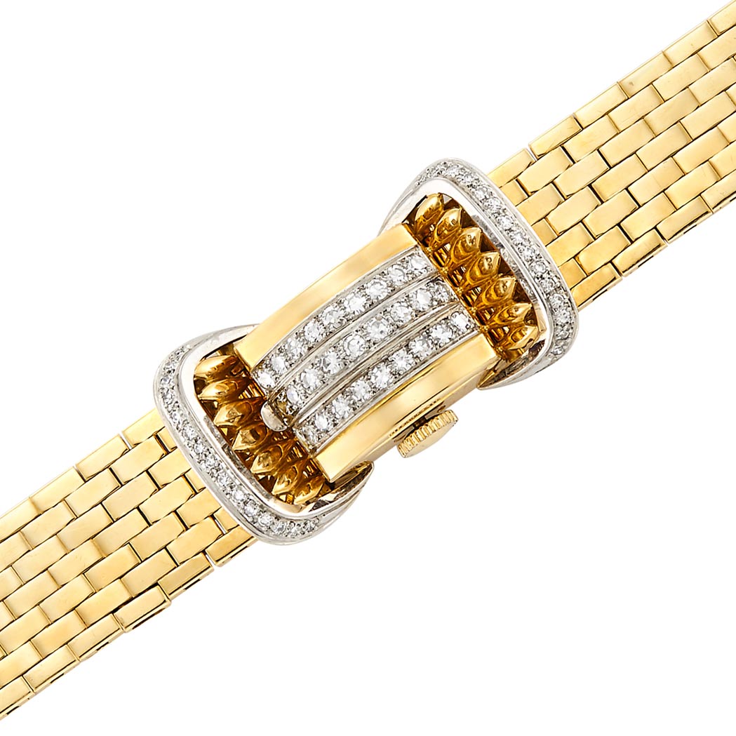 Lot image - Lady's Two-Color Gold and Diamond Bracelet-Watch, Rolex