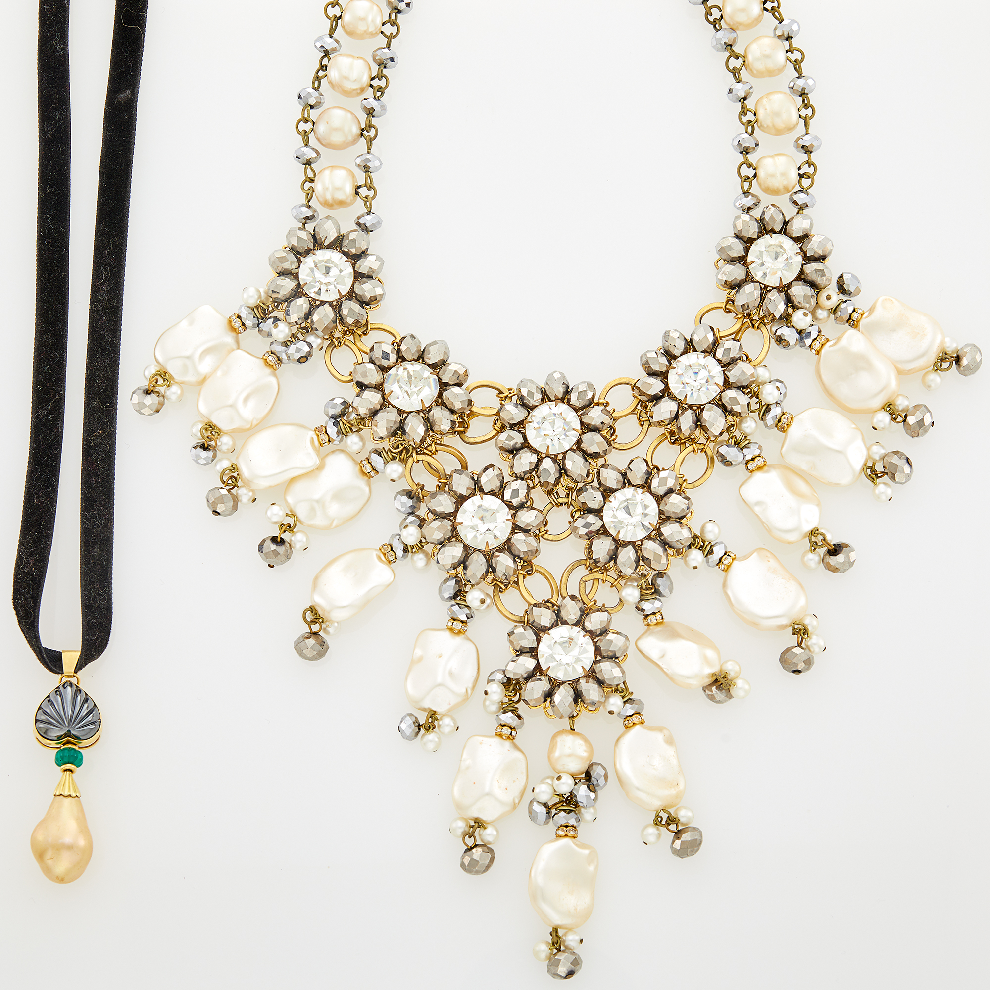 Lot image - Lawrence Vrba Imitation Pearl, Bead and Rhinestone Bib Necklace and Imitation Pearl Pendant with Ribbon Necklace