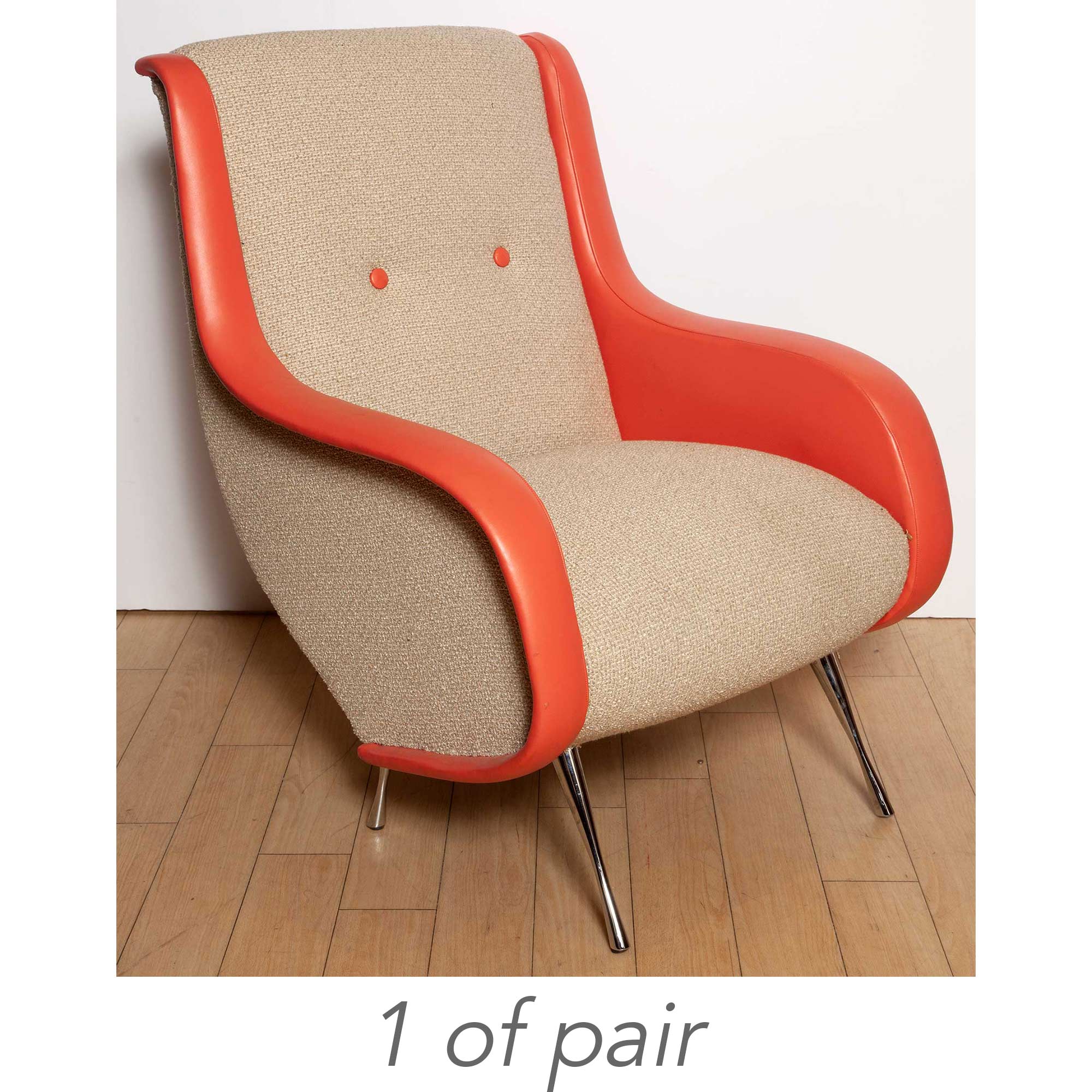 Lot image - Pair of Italian Mid-Century Design Chrome-Plated Metal and Orange-Trimmed White Upholstered Lounge Chairs