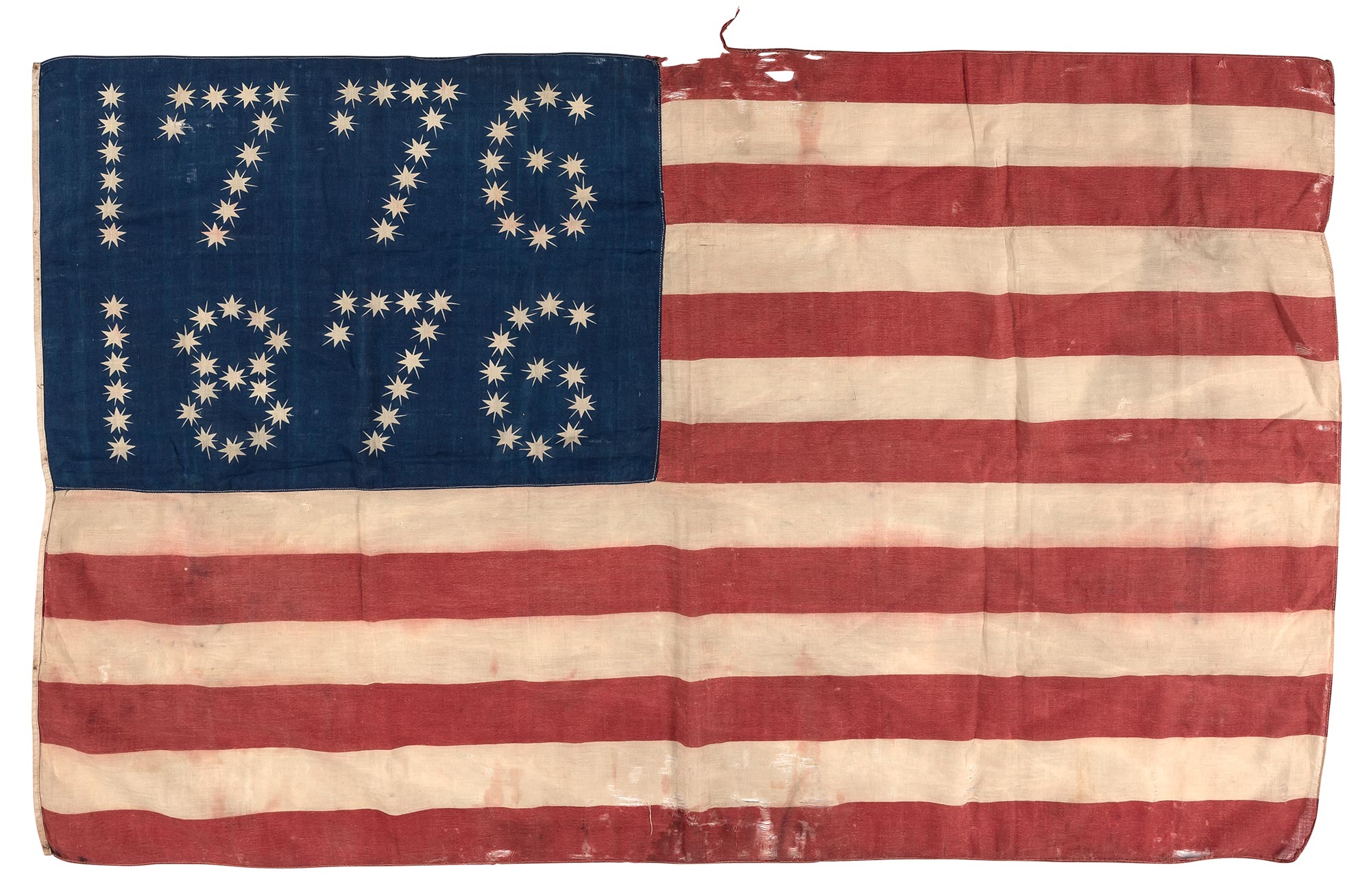 Lot image - [AMERICAN FLAG]  Centennial American parade flag with stars arranged in the 1776/1876 pattern.