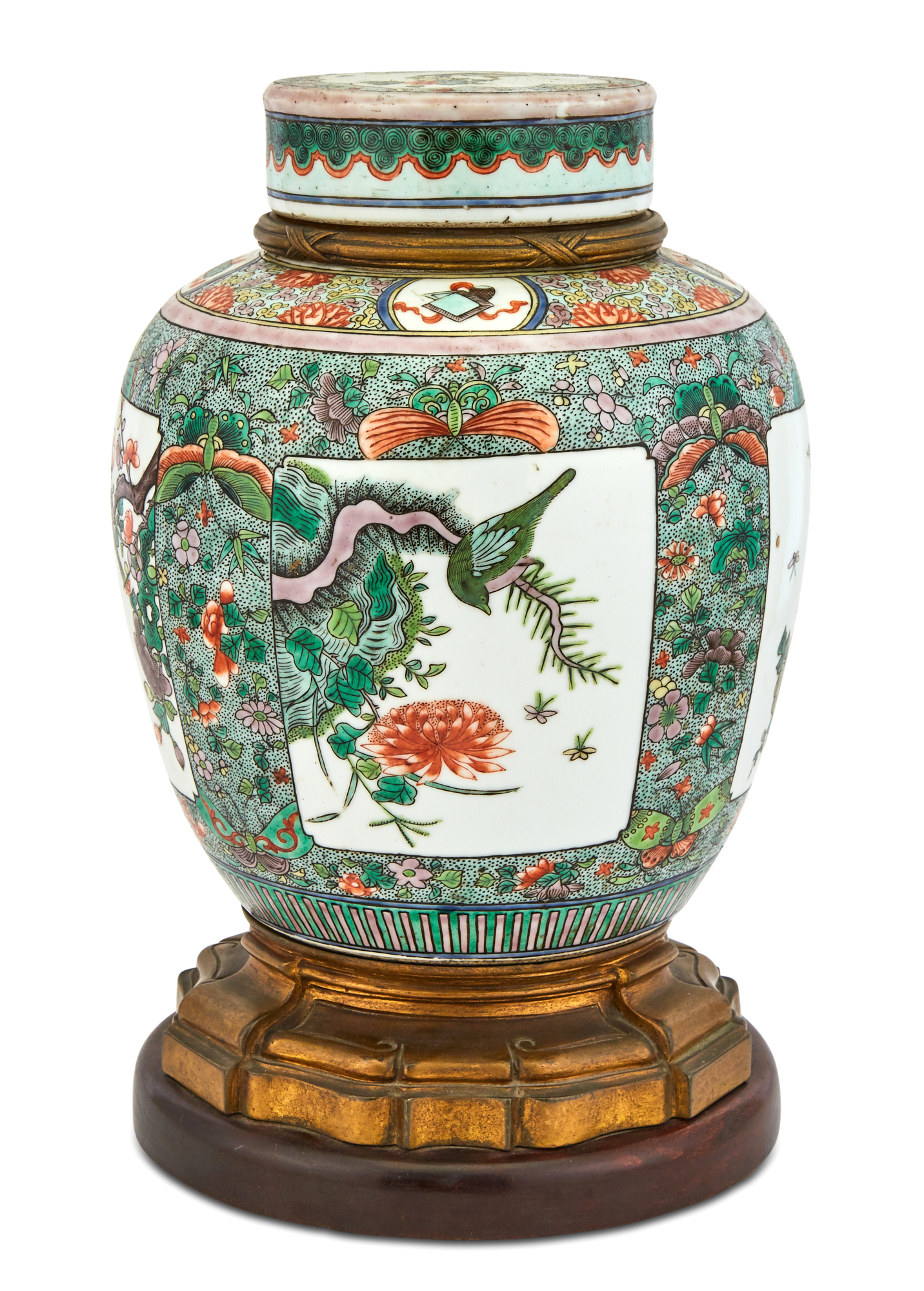 Lot image - A Chinese Famille Verte Porcelain Jar and Cover with Gilt Metal Base