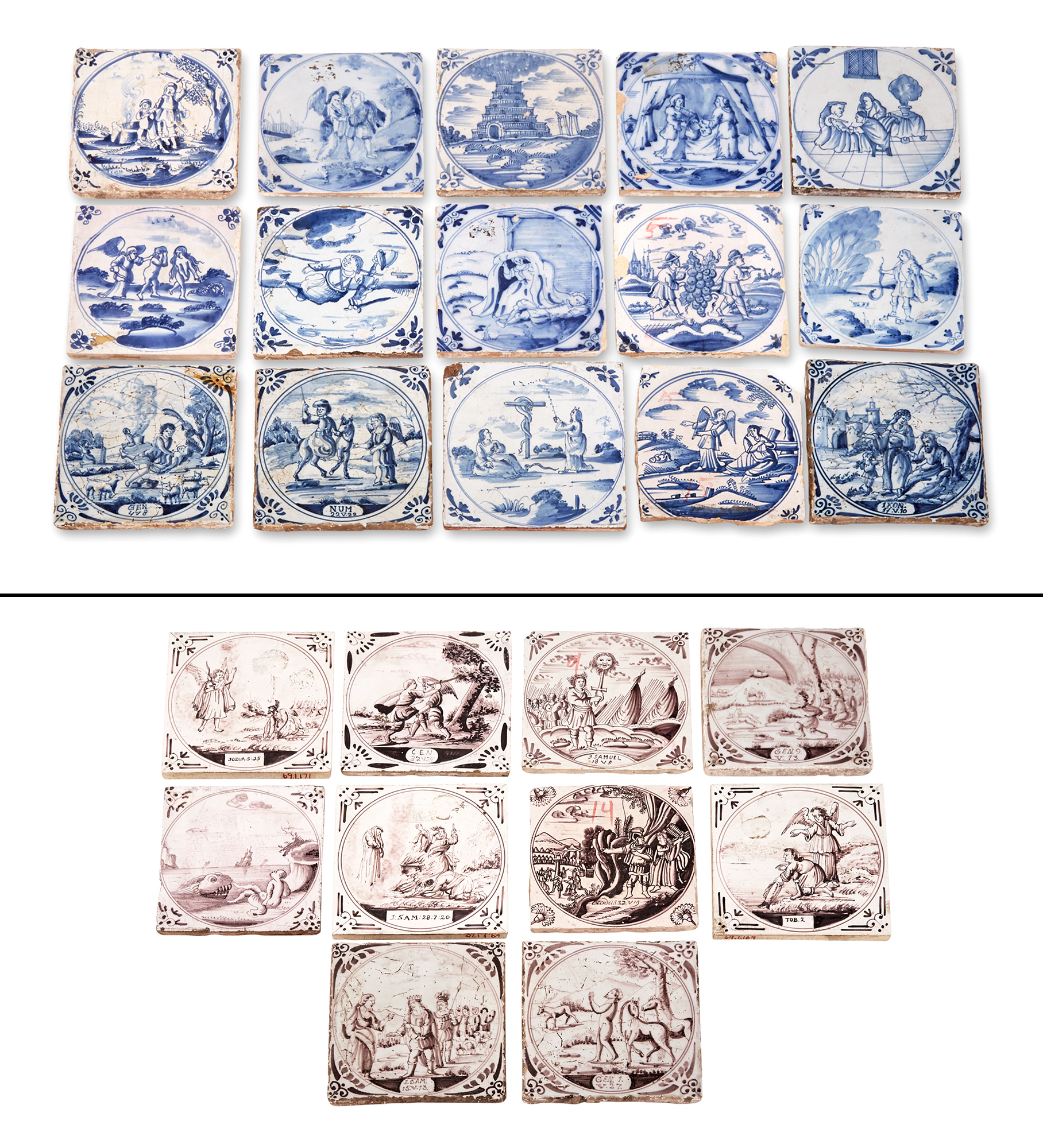 Lot image - Group of Twenty-Six Delft Pottery Biblical Themed Tiles