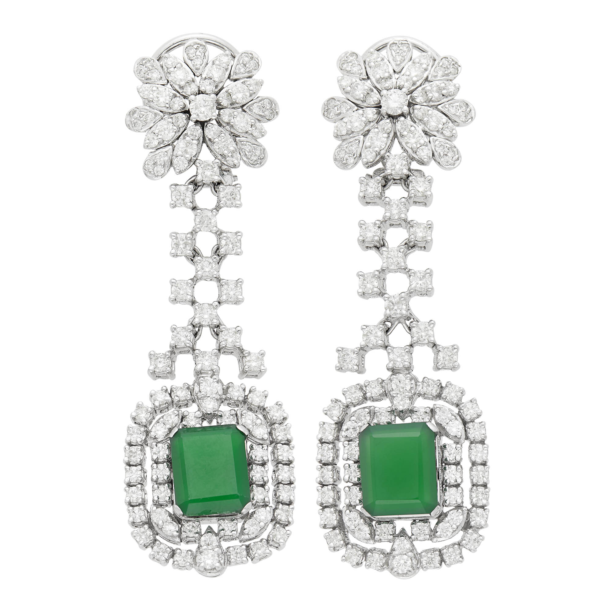 Lot image - Pair of White Gold, Green Onyx and Diamond Pendant-Earrings