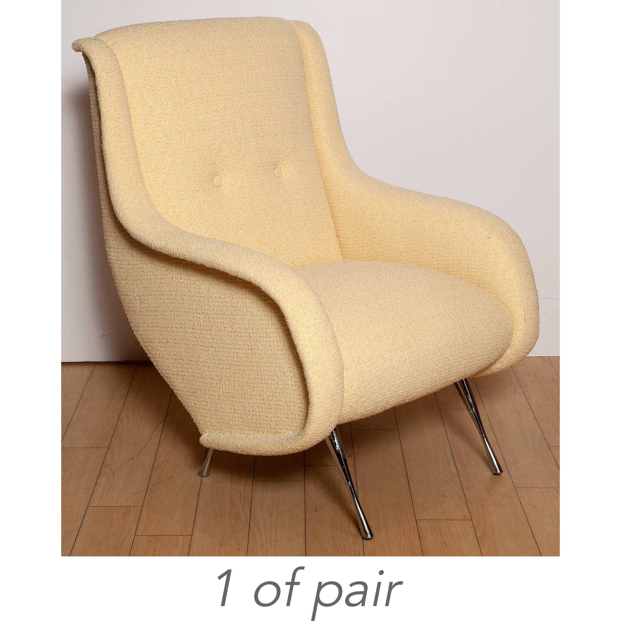 Lot image - Pair of Italian Mid-Century Design Chrome-Plated Metal and Yellow Upholstered Lounge Chairs