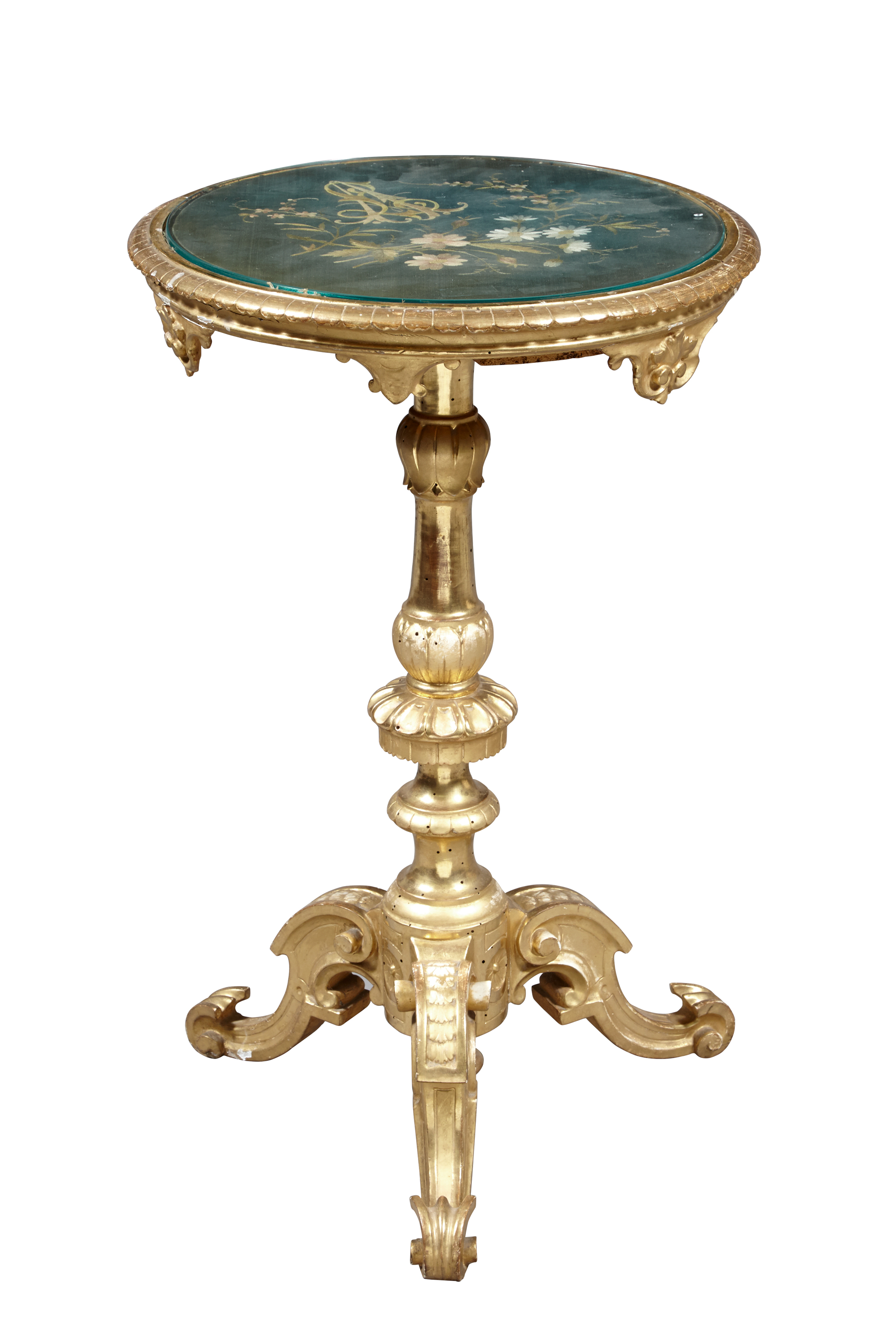 Lot image - Victorian Giltwood and Embroidered Silk Panel-Inset Occasional Table