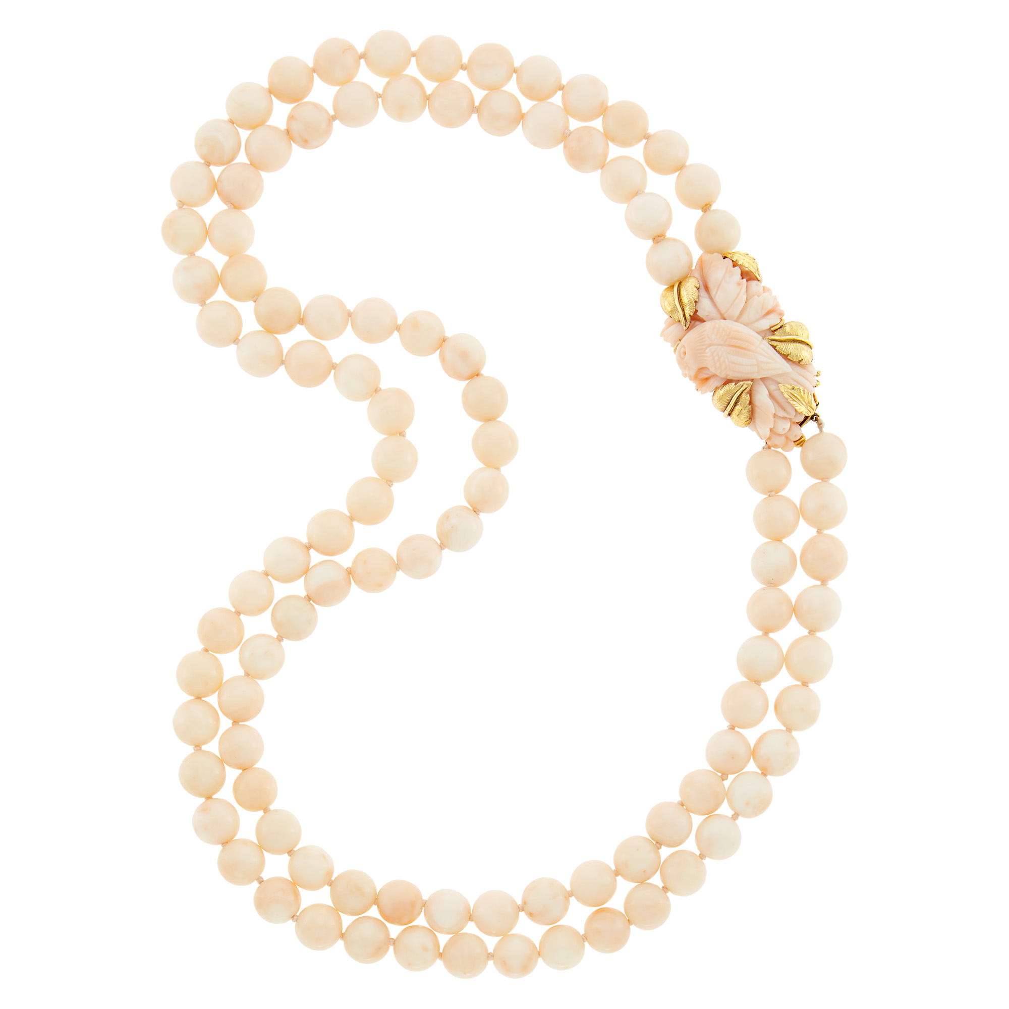 Lot image - Double Strand Coral Bead Necklace with Gold and Carved Coral Clasp