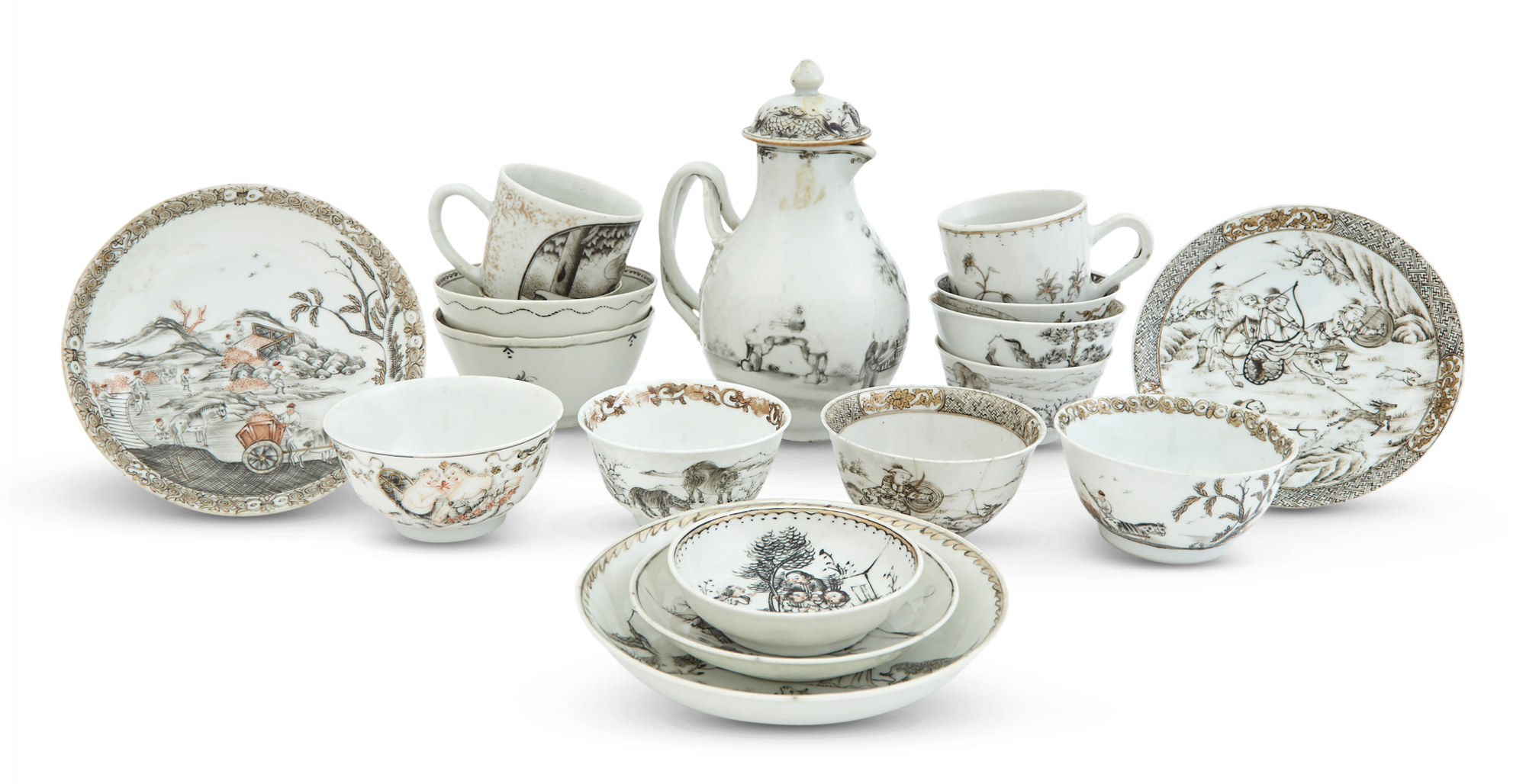 Lot image - An Assorted Group of Chinese Export Grisaille Porcelain Miniature Tea Articles