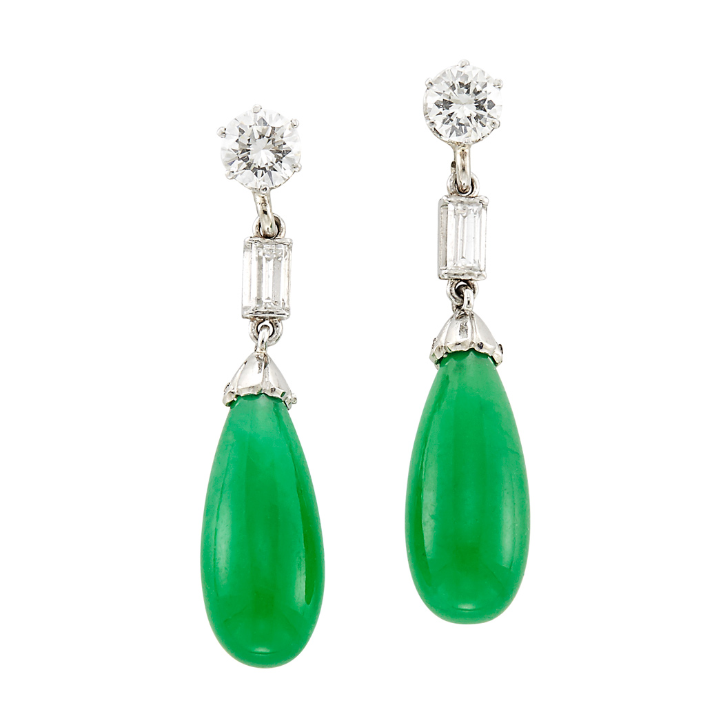 Lot image - Pair of Platinum, Jade and Diamond Pendant-Earrings