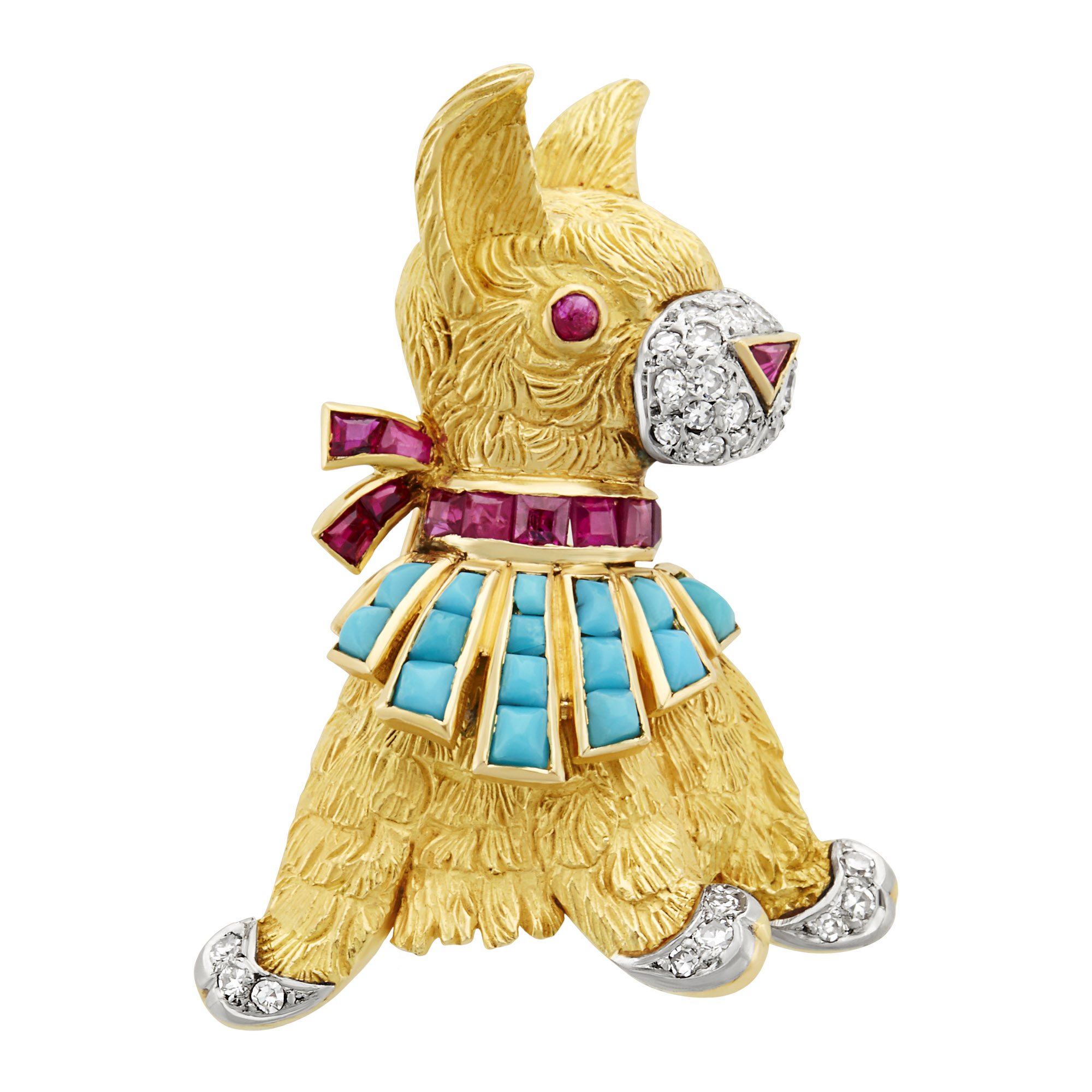 Lot image - Gold, Turquoise, Ruby and Diamond Dog Clip-Brooch