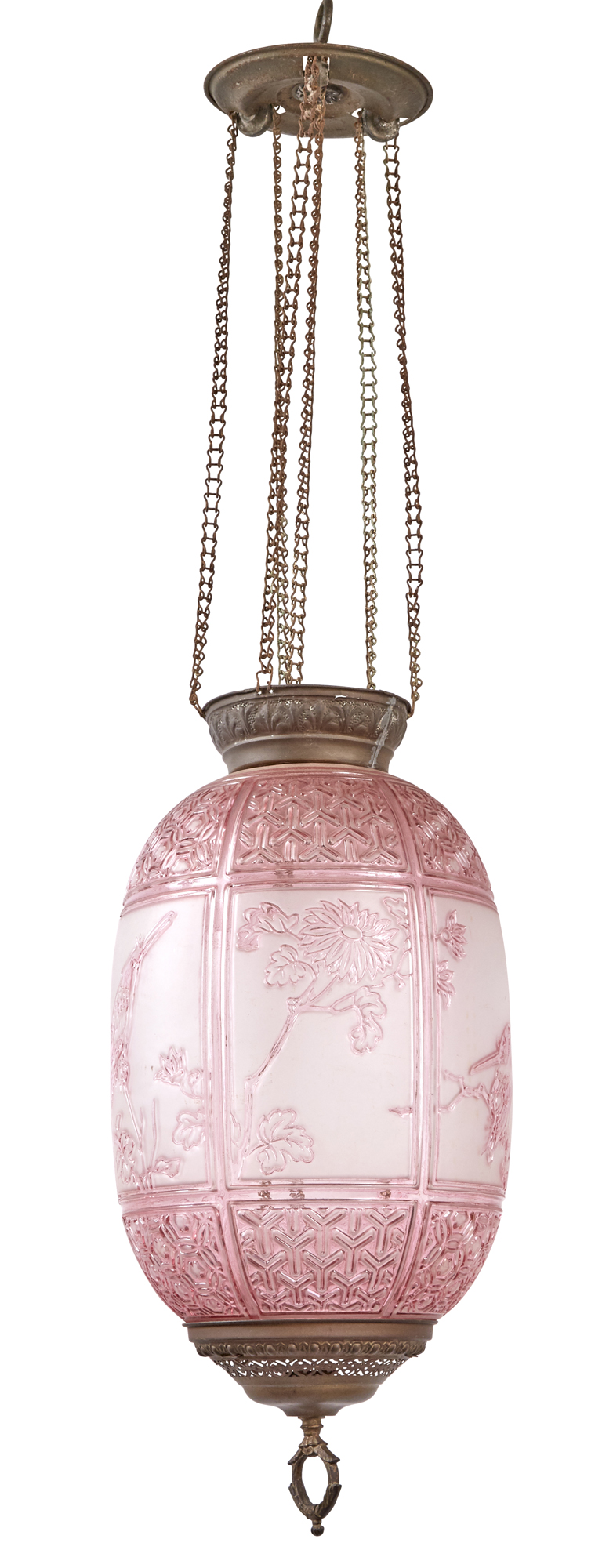 Lot image - Baccarat Aesthetic Movement Dark Pink Stained and Frosted Molded Glass Hanging Candlestick Hall Lantern With Brass Mounts