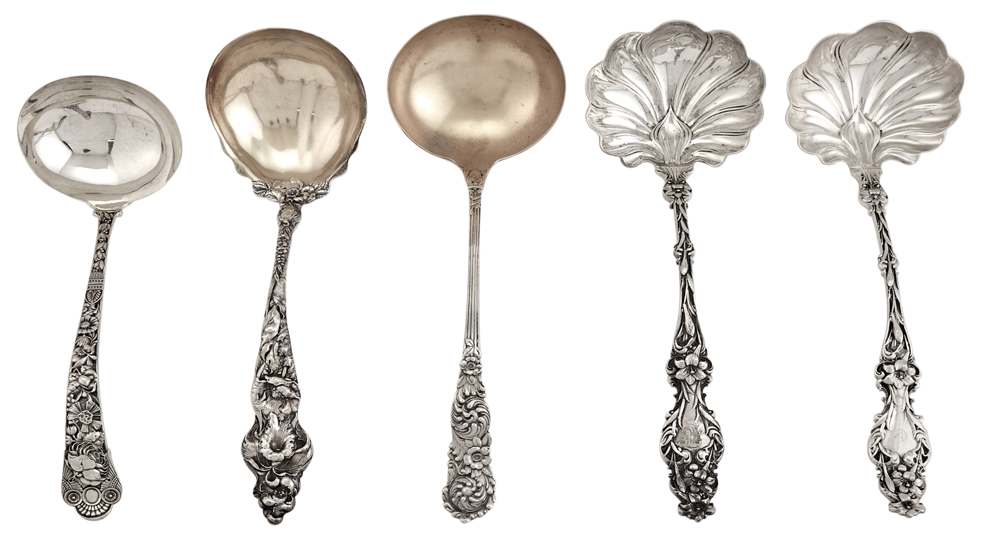 Lot image - Five American Sterling Silver Floral Decorated Soup Ladles