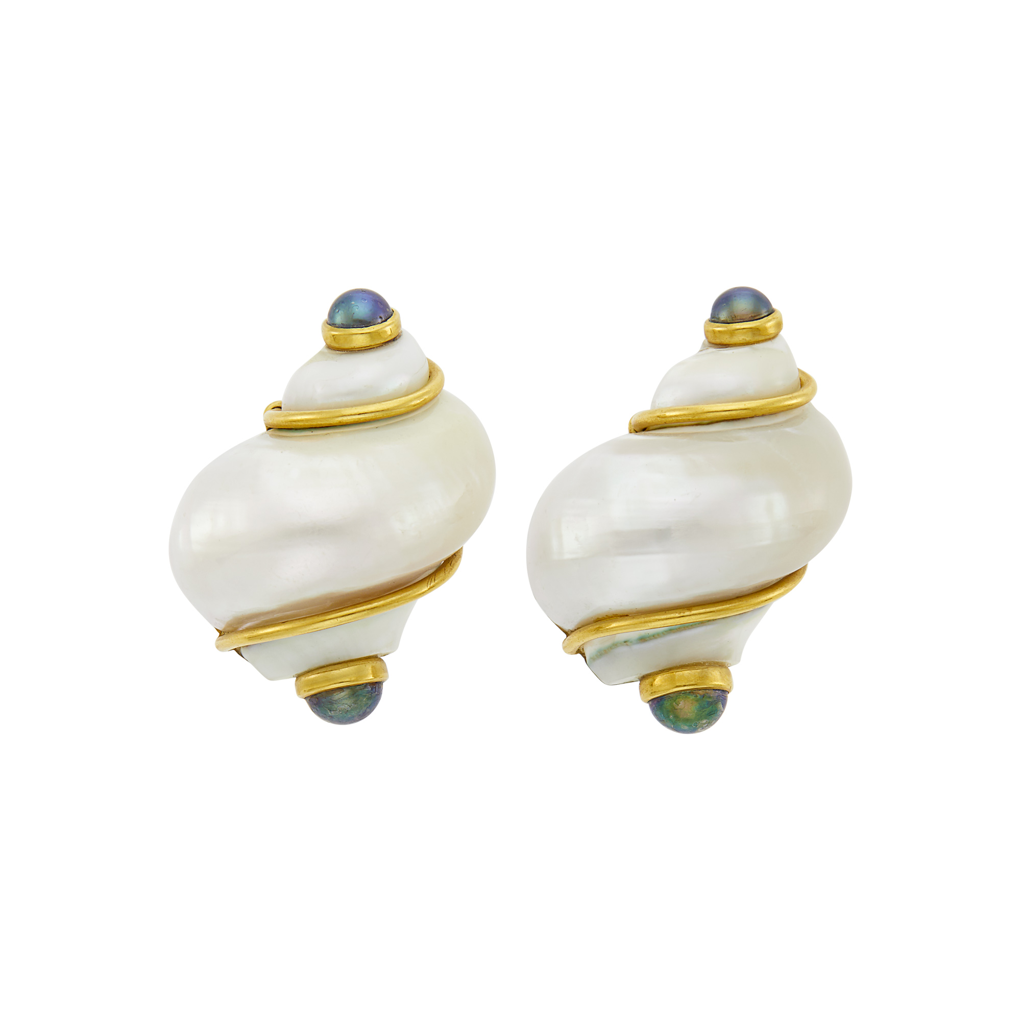 Lot image - Seaman Schepps Pair of Gold, Shell and Black Cultured Pearl Turbo Shell Earclips