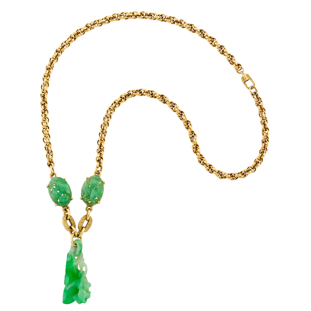 Lot image - Gold and Carved Jade Pendant-Necklace
