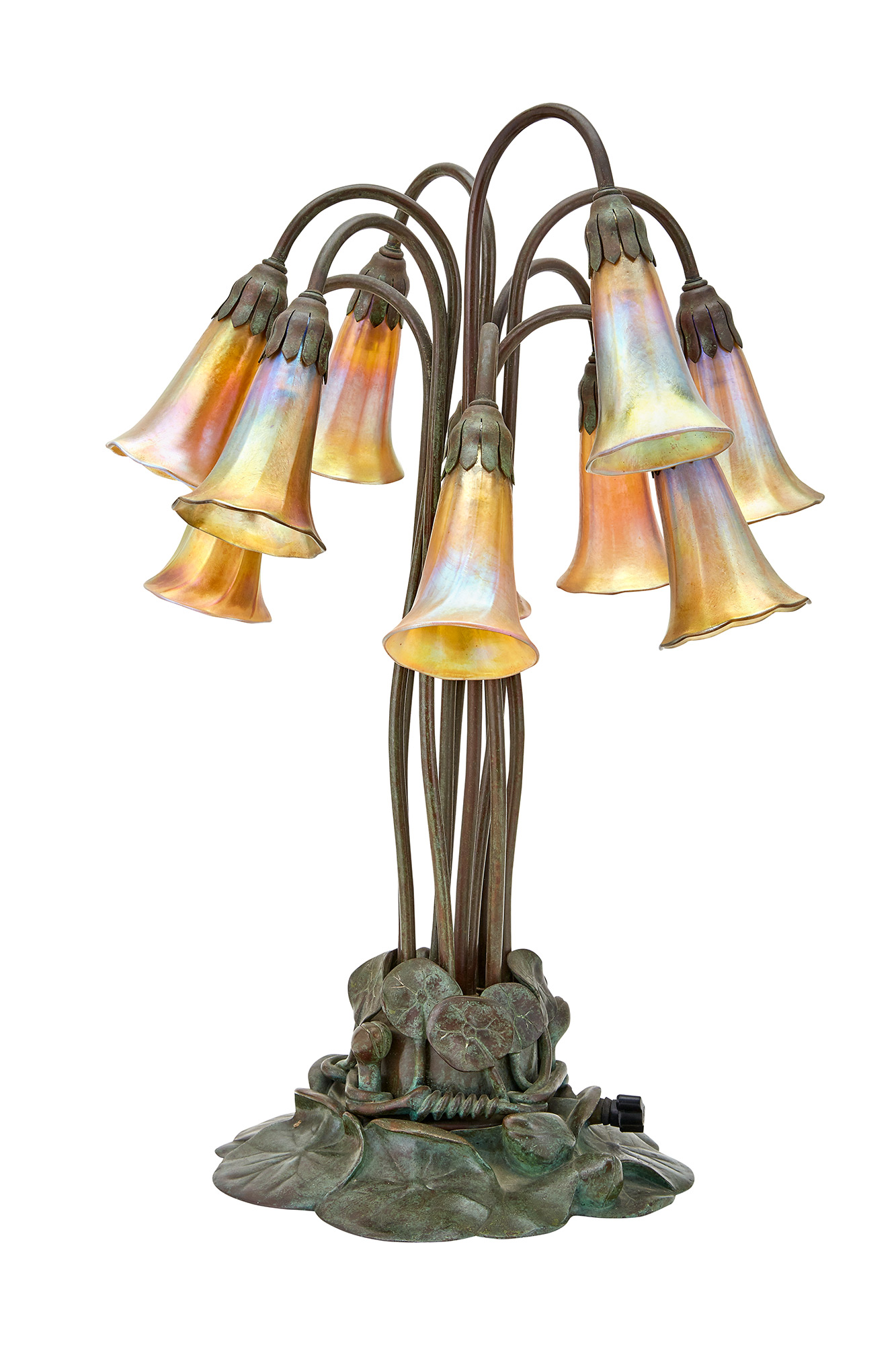 Lot image - Tiffany Studio Green Patinated Bronze and Hand-Blown Gold Favrile Glass Ten-Light Pond Lily Lamp