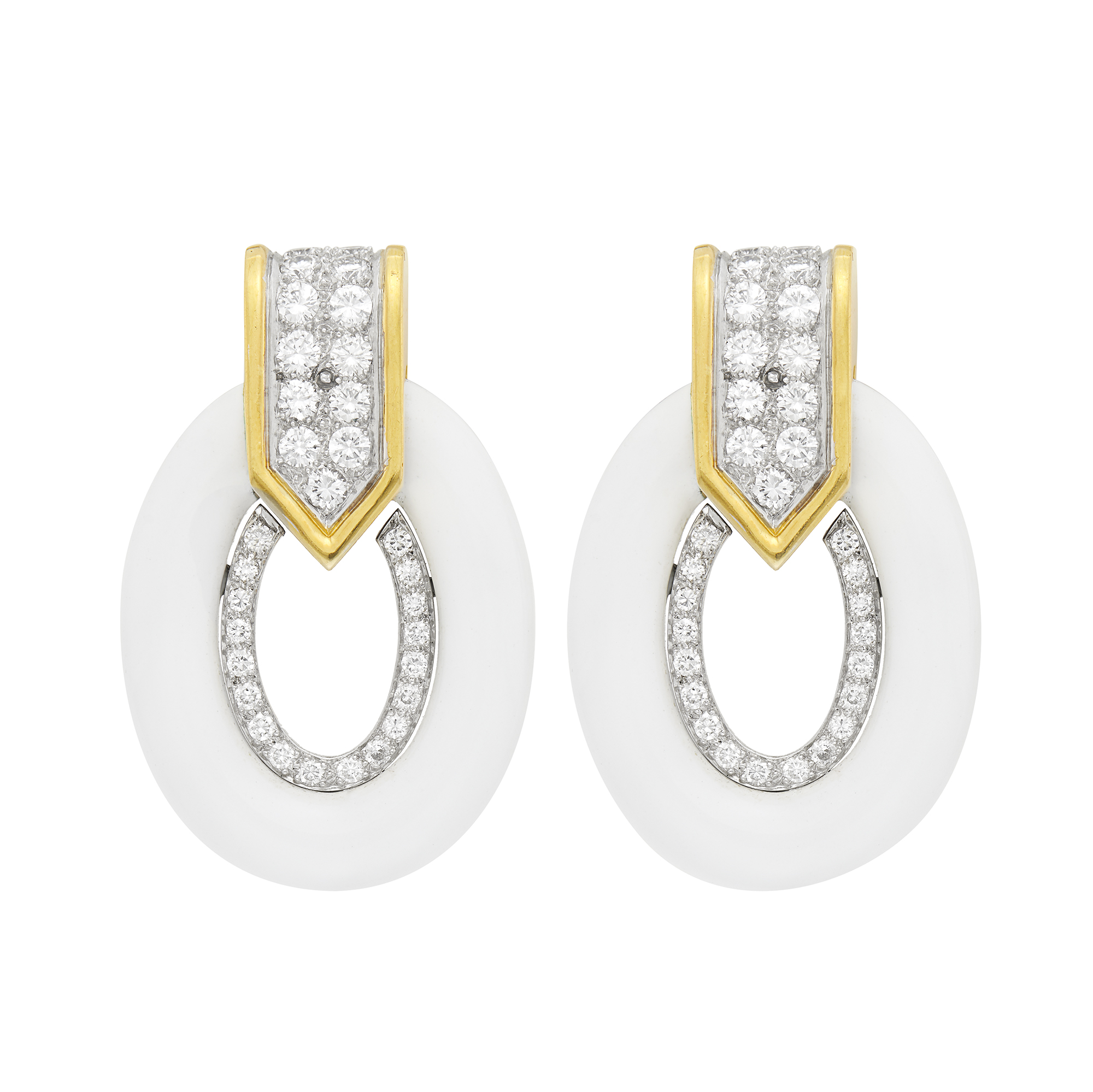 Lot image - David Webb Pair of Gold, Platinum, White Enamel and Diamond Hoop Pendant-Earclips