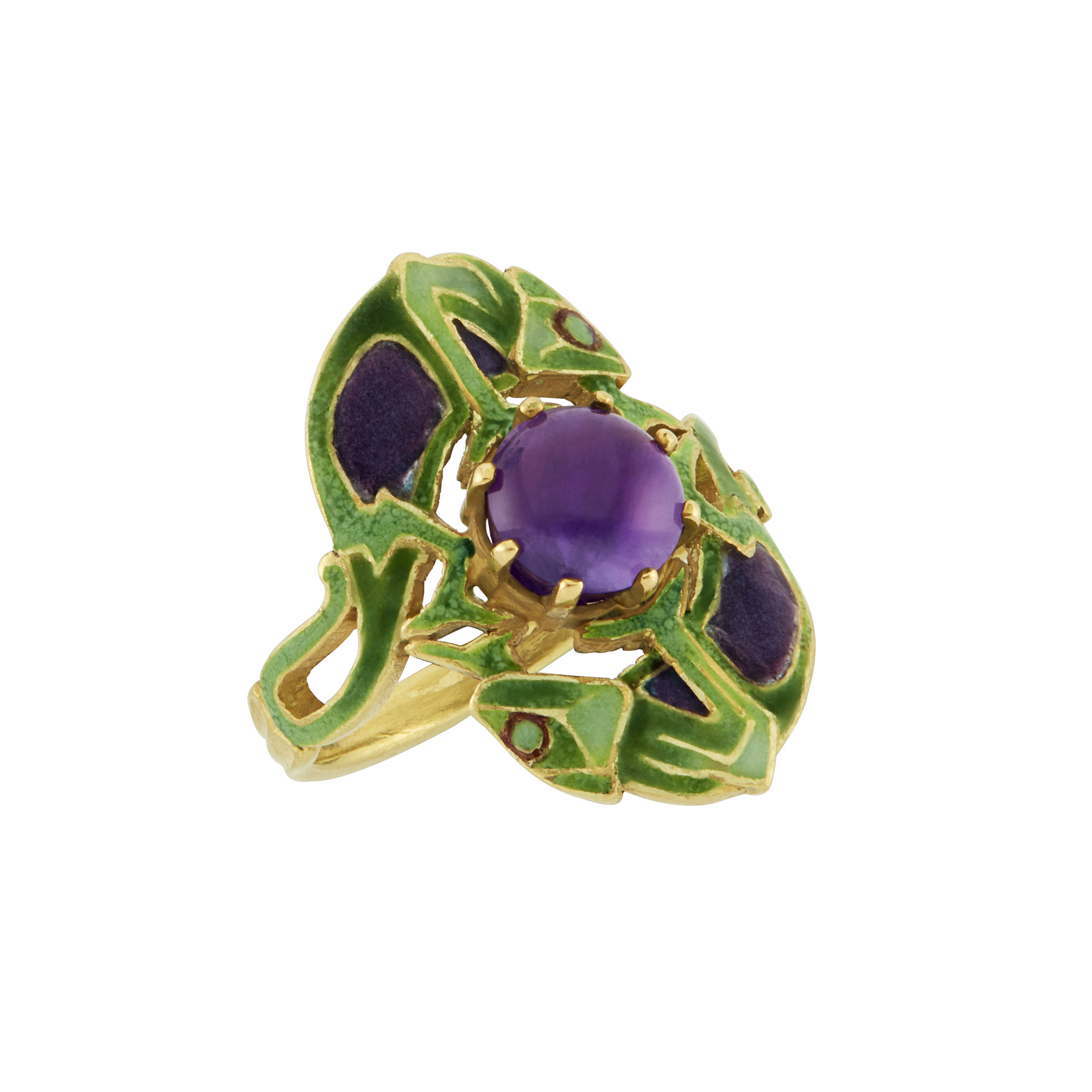 Lot image - Art Nouveau Gold, Amethyst and Enamel Double Chameleon Ring