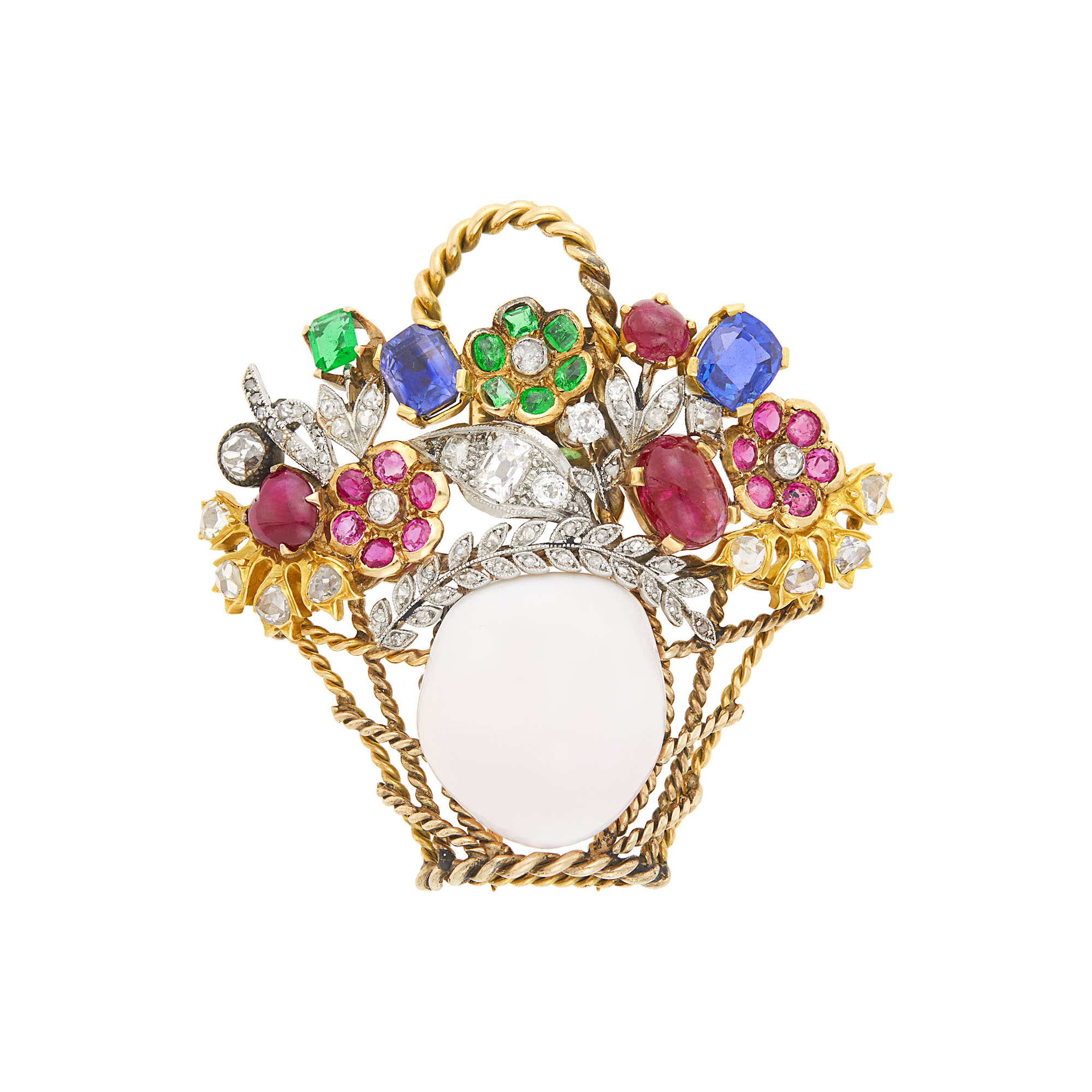 Lot image - Gold, Platinum, Silver, Conch Pearl, Colored Stone and Diamond Bouquet Basket Clip