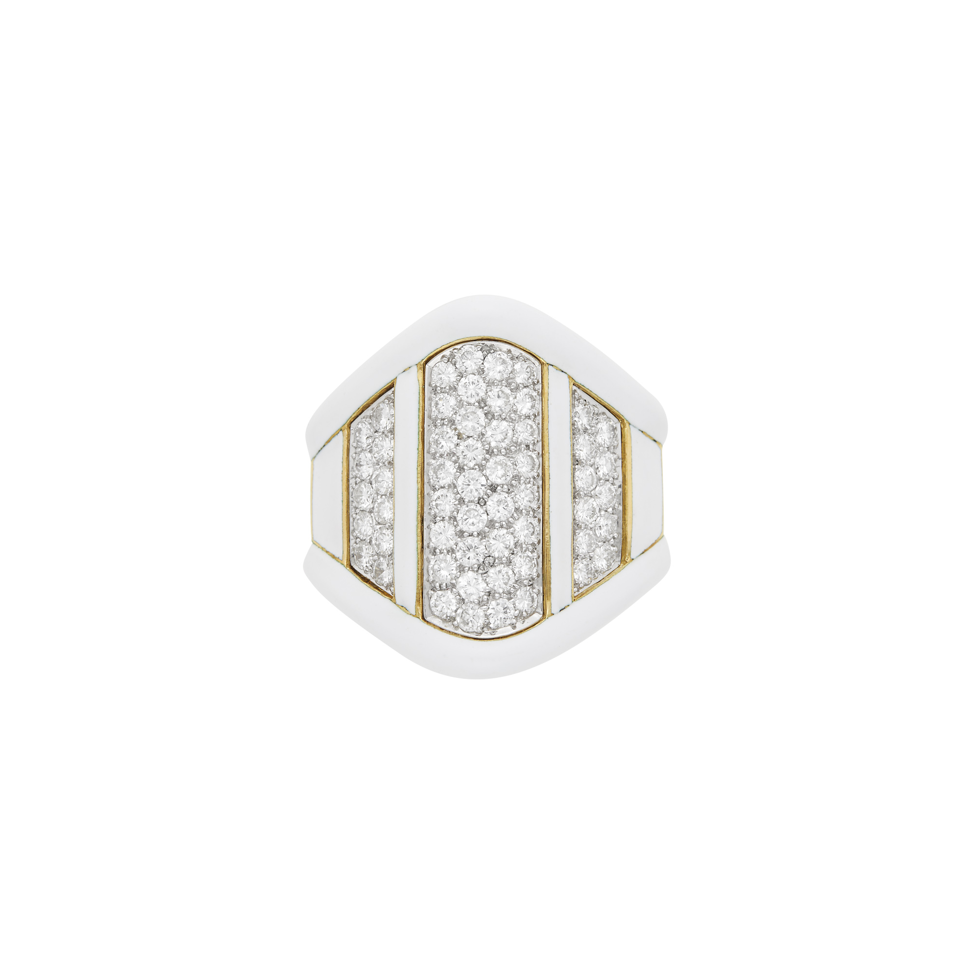 Lot image - David Webb Hammered Gold, Platinum, Diamond and White Enamel Ring