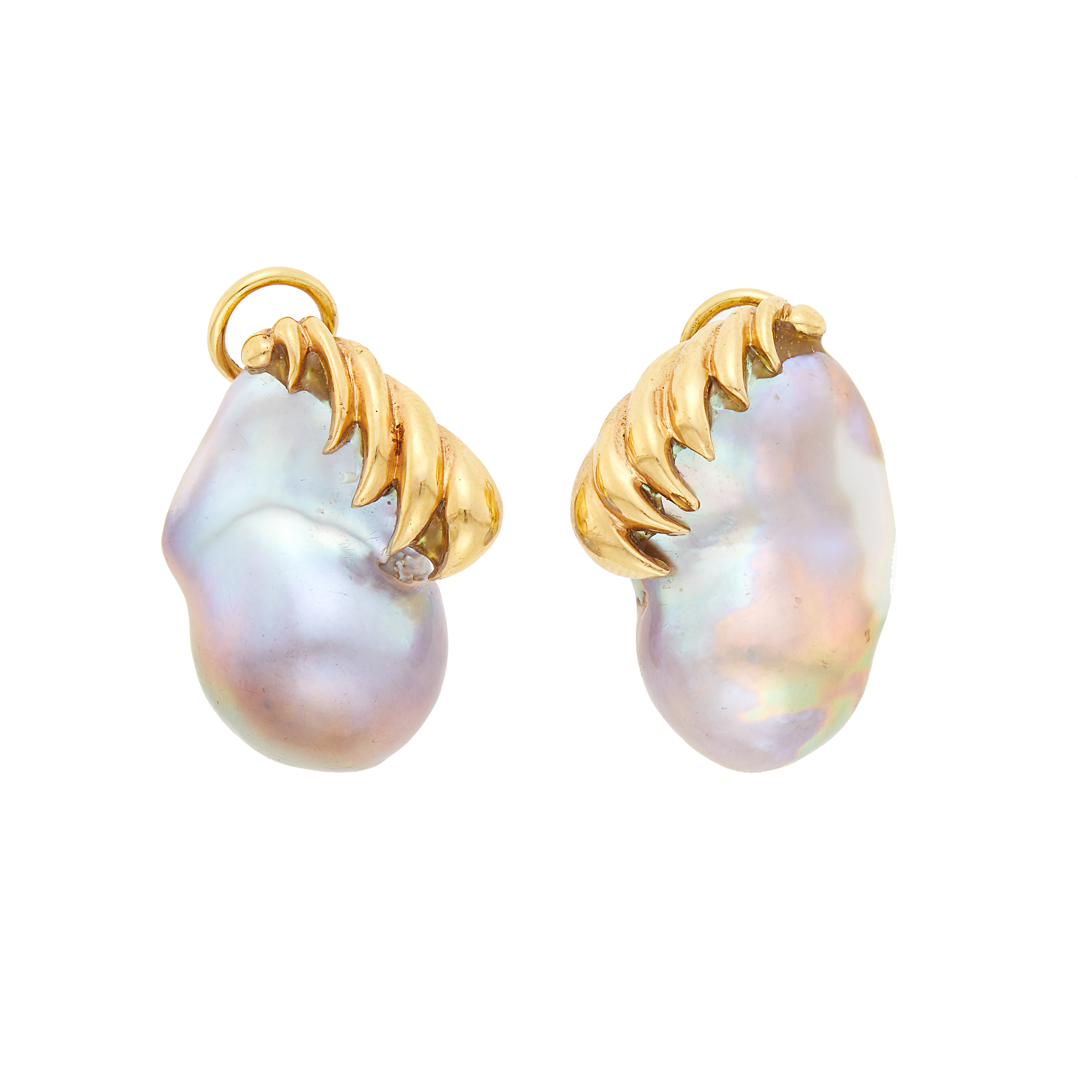 Lot image - Pair of Gold and Gray Baroque Cultured Pearl Earclips
