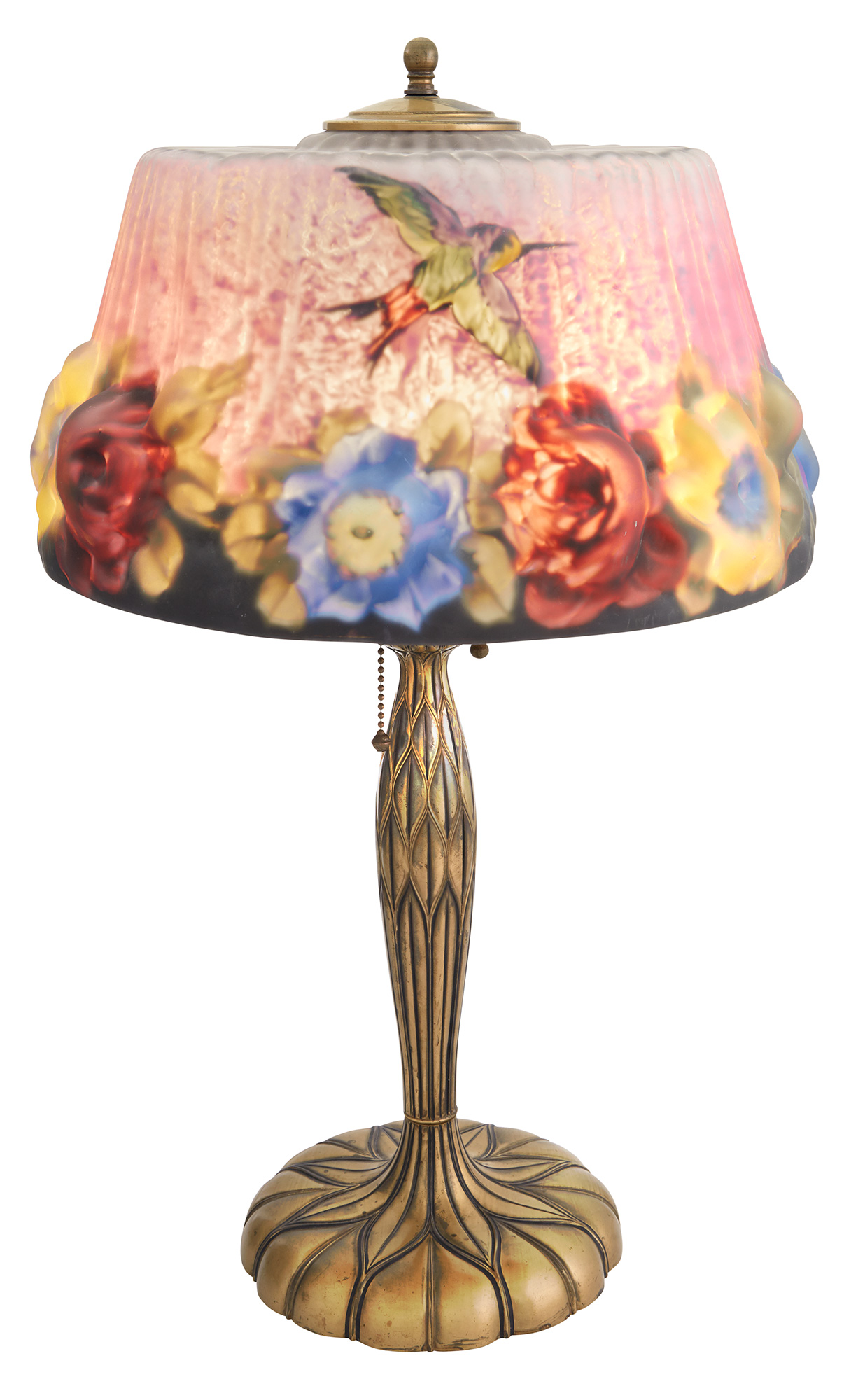 Lot image - Pairpoint Mfg. Co. Lacquered Metal and Reverse Painted Glass Hummingbirds and Roses Puffy Lamp