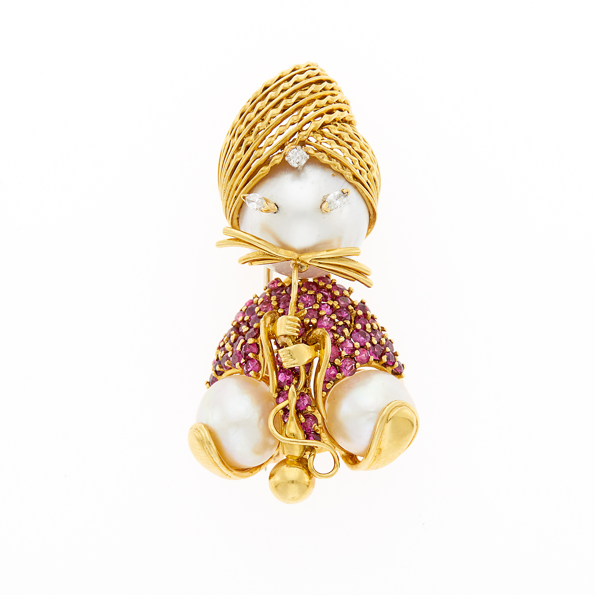 Lot image - Gold, Cultured and Mabé Pearl, Ruby and Diamond Swami with Hookah Clip-Brooch