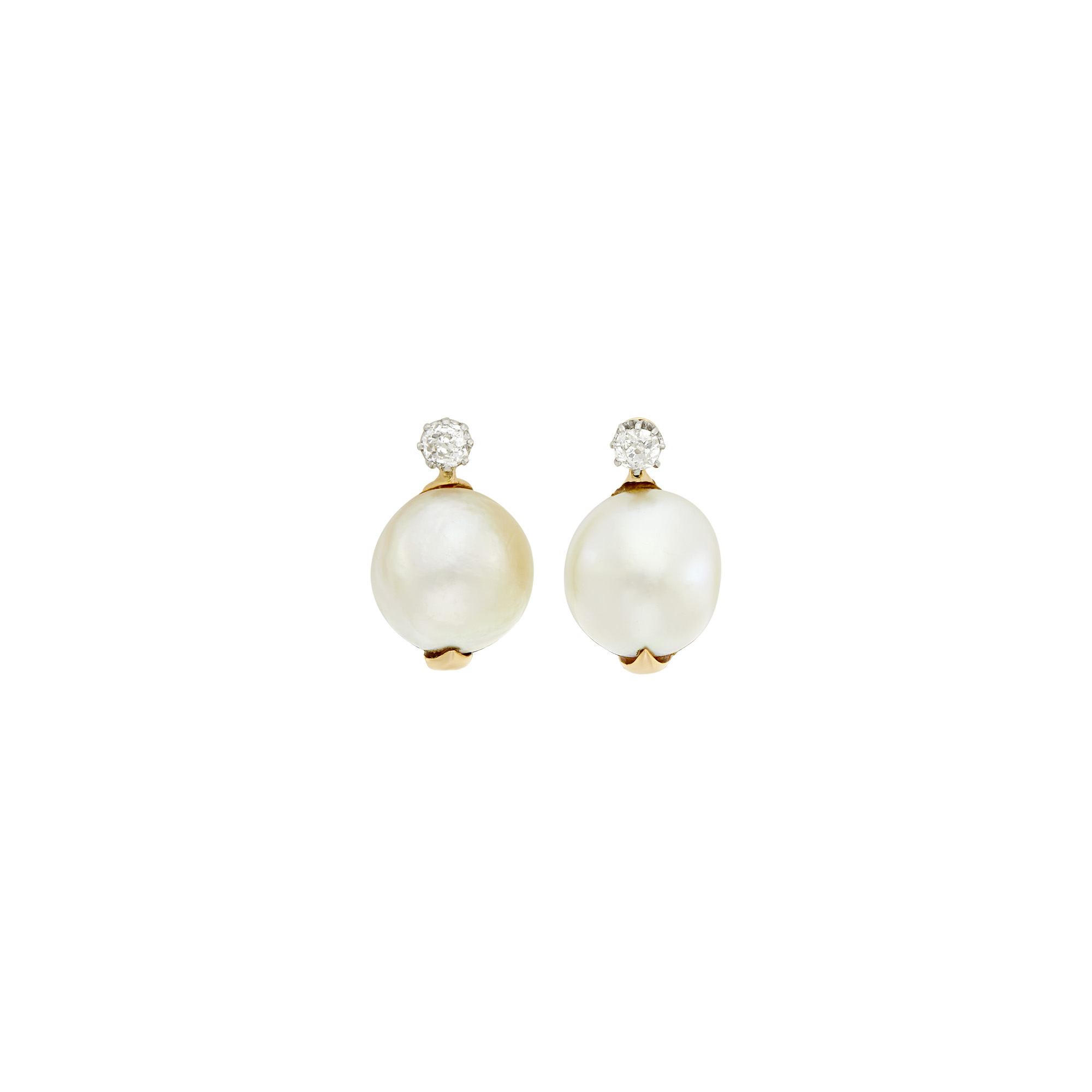 Lot image - Pair of Gold, Platinum, Natural Button Pearl and Diamond Earclips