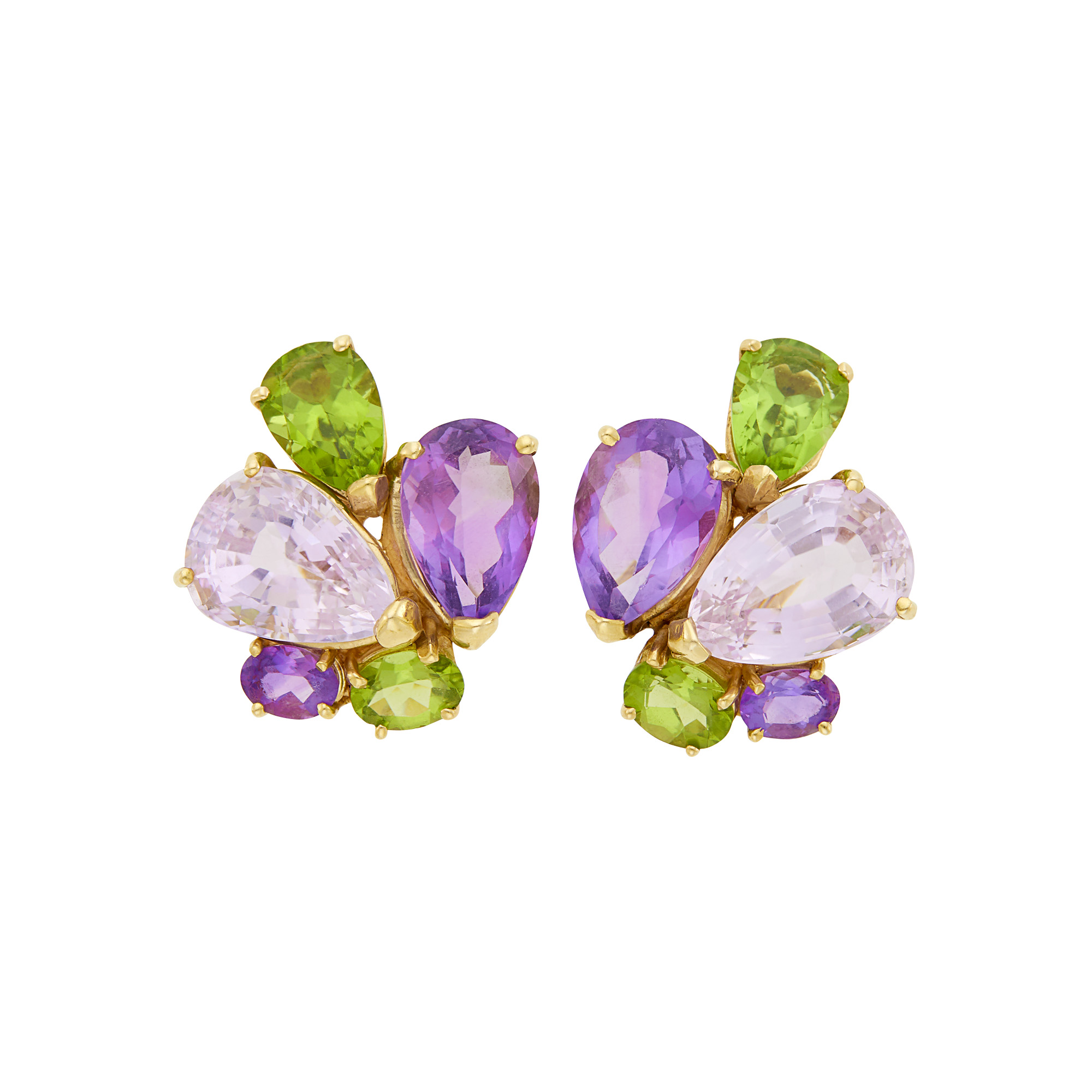 Lot image - Pair of Gold, Kunzite, Amethyst and Peridot Cluster Earclips