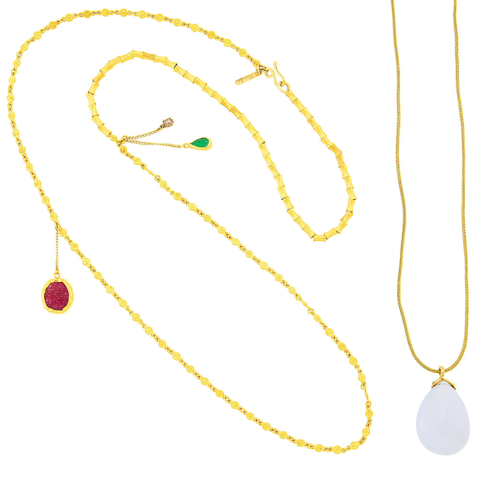 Lot image - Boaz Kashi Long High Karat Gold, Gem-Set and Colored Diamond Necklace and Chalcedony Pendant with Gold Chain Necklace