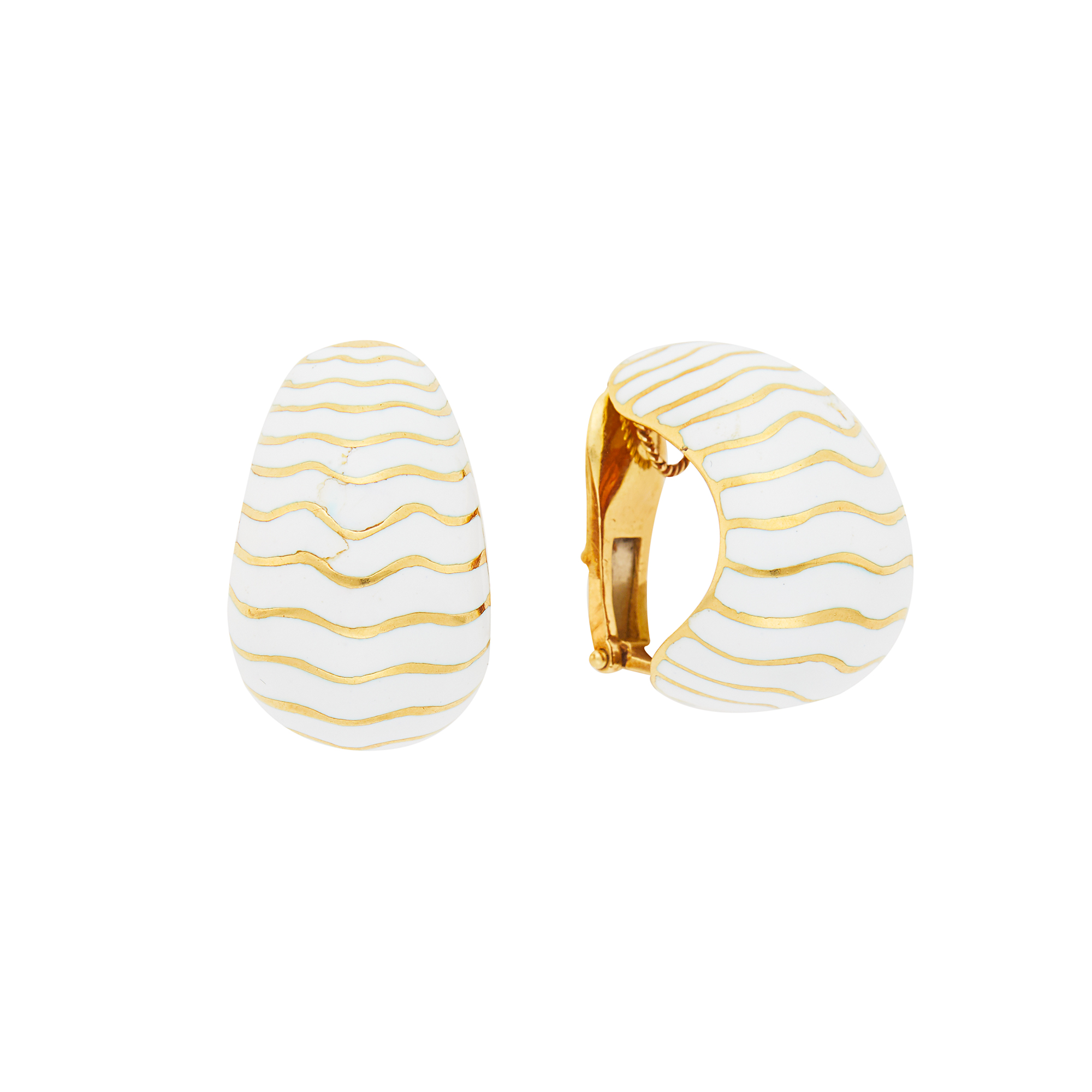 Lot image - Pair of Gold and White Enamel Bombé Earclips