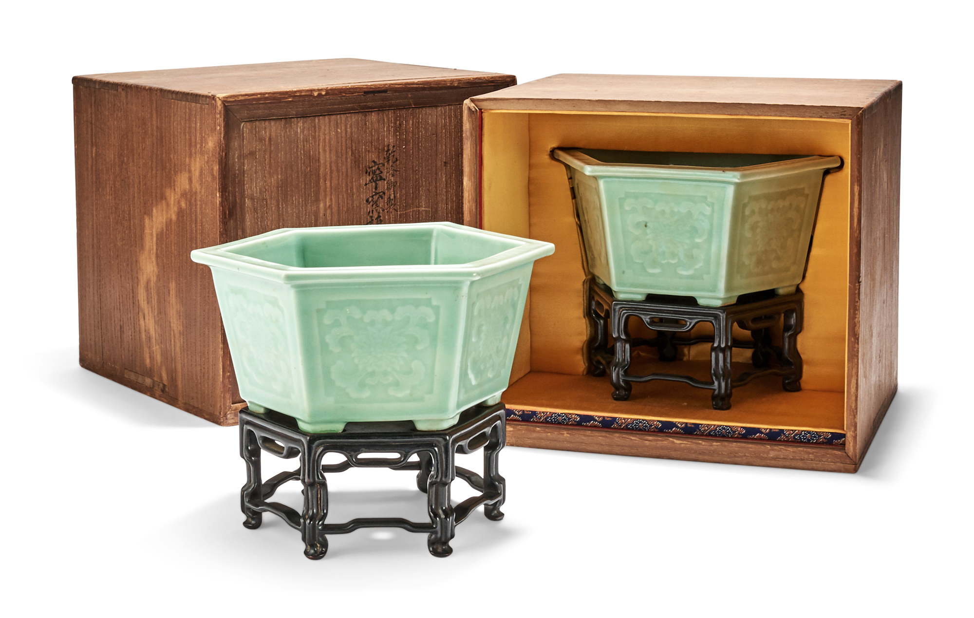 Lot image - A Pair of Imperial Chinese Celadon Porcelain Jardinières on Zitan Stands