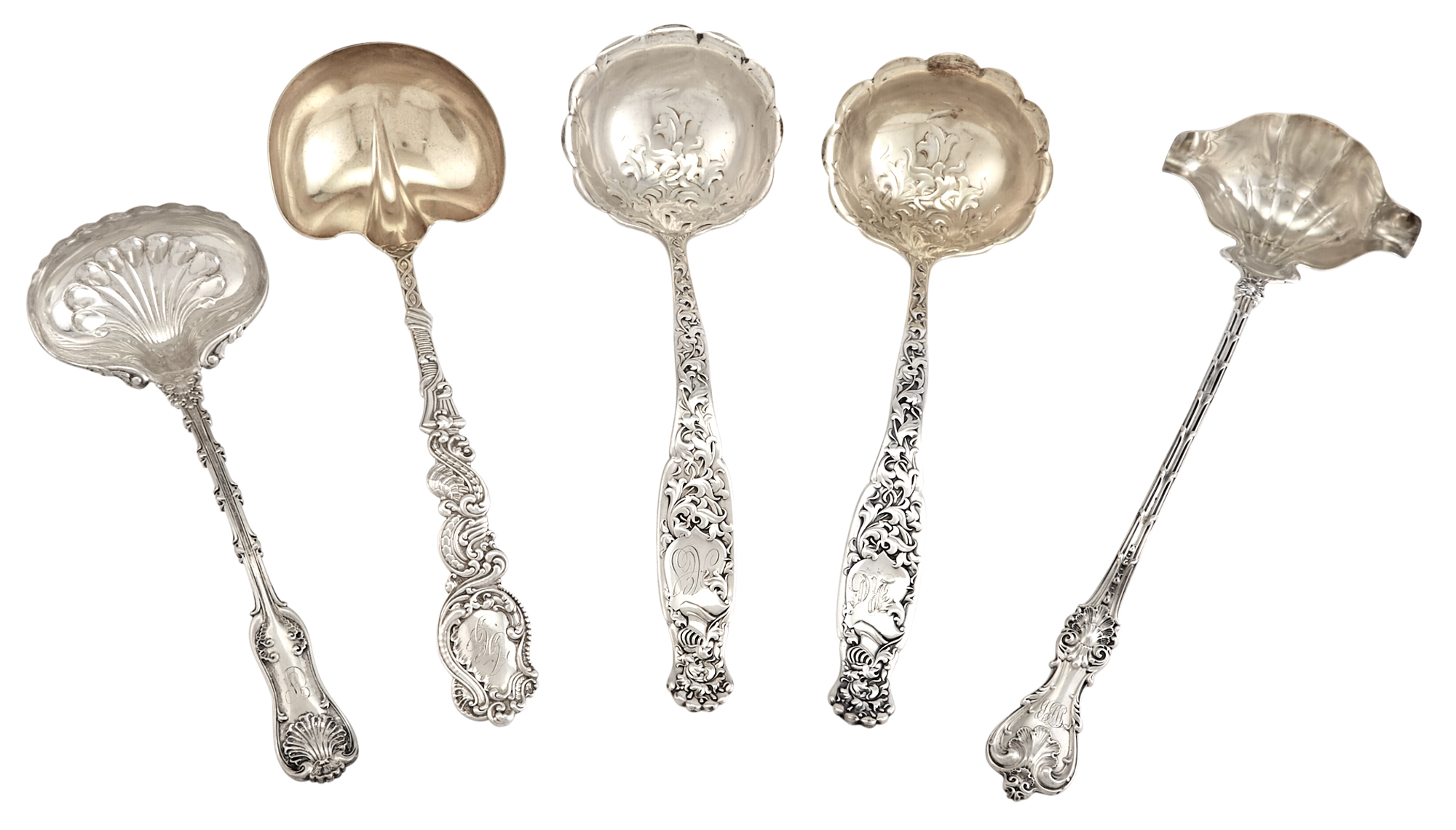 Lot image - Five American Sterling Silver Soup Ladles