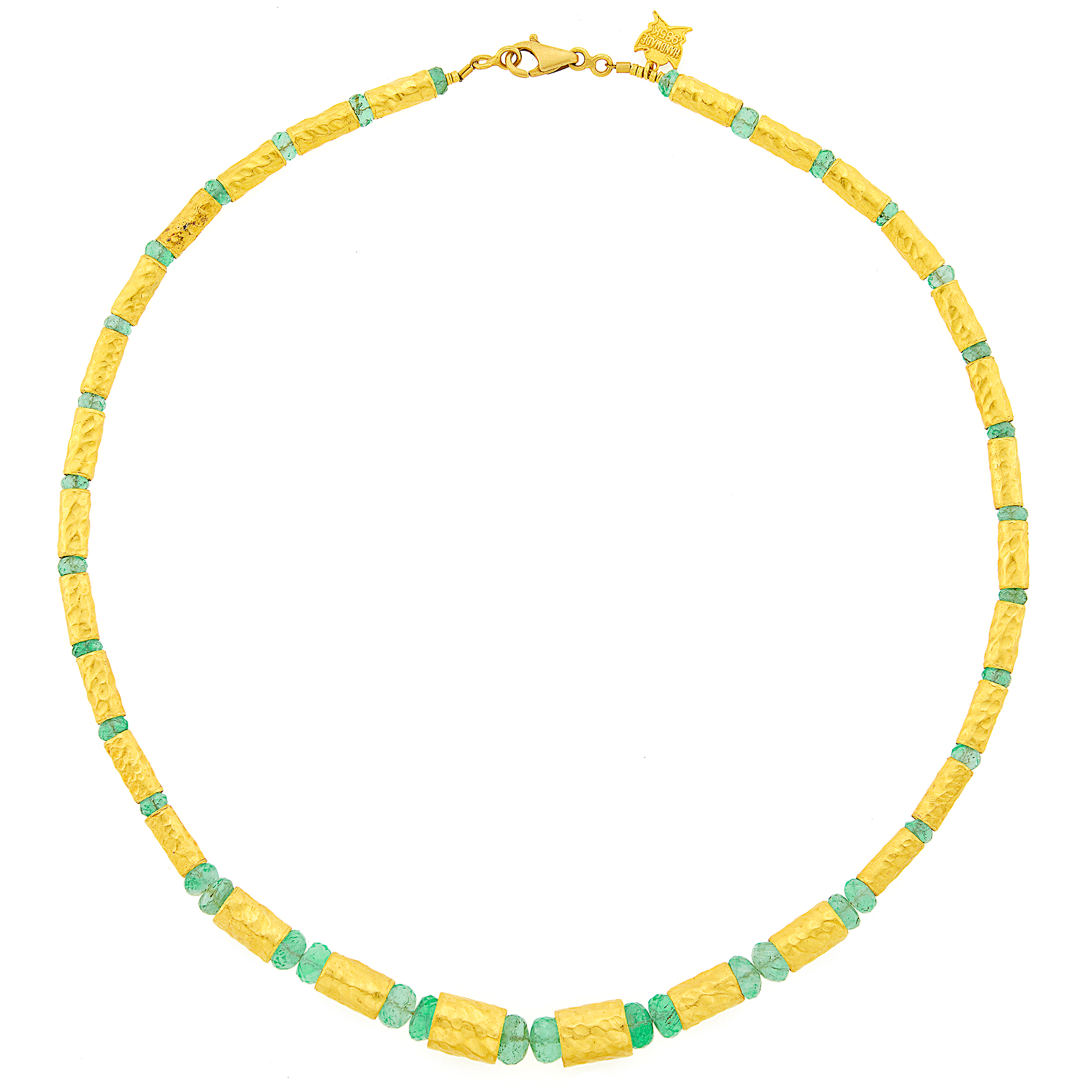 Lot image - Hammered High Karat Gold and Emerald Bead Necklace