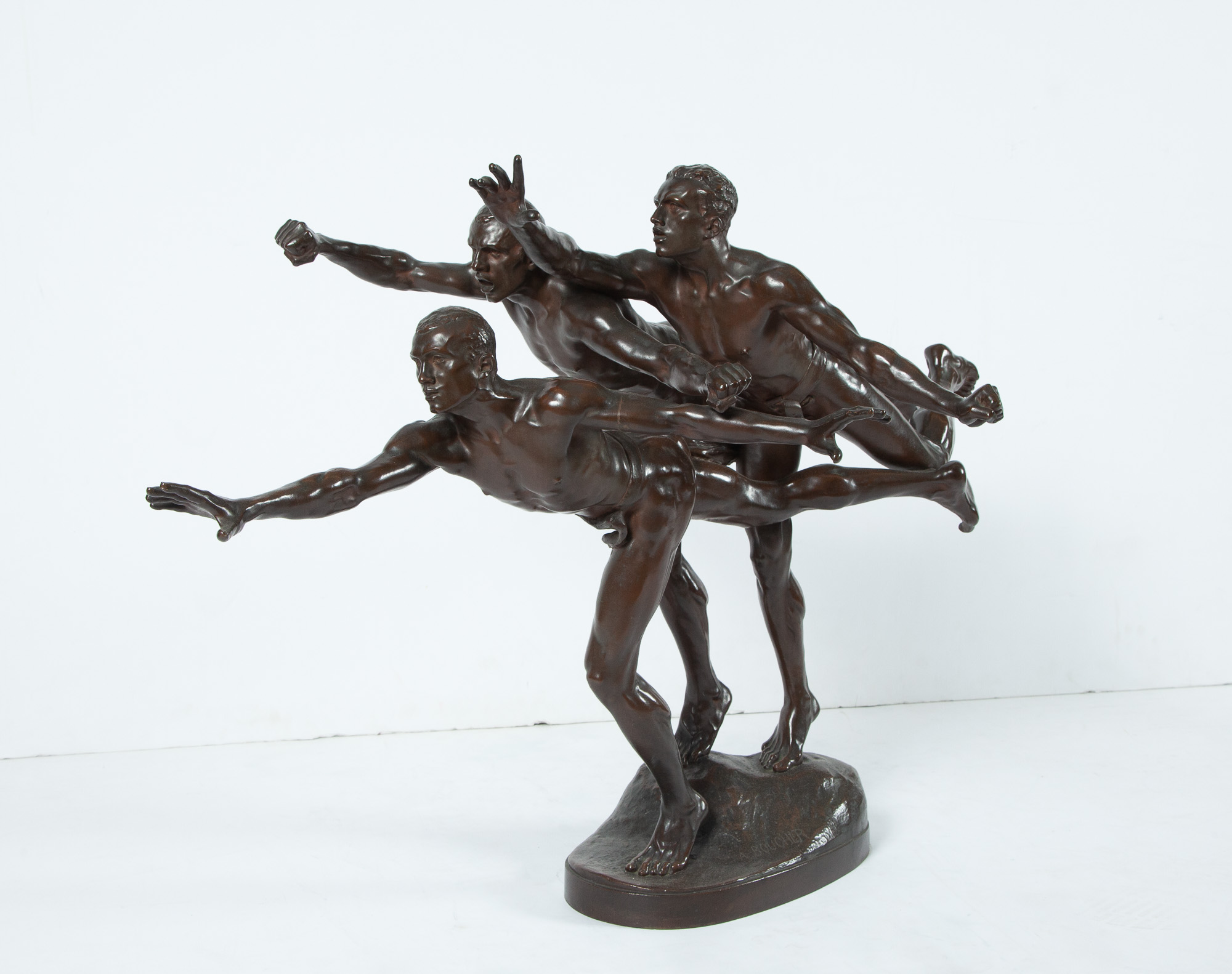 Lot image - Patinated Bronze Group of Three Male Runners at the Finish Line Entitled Au But