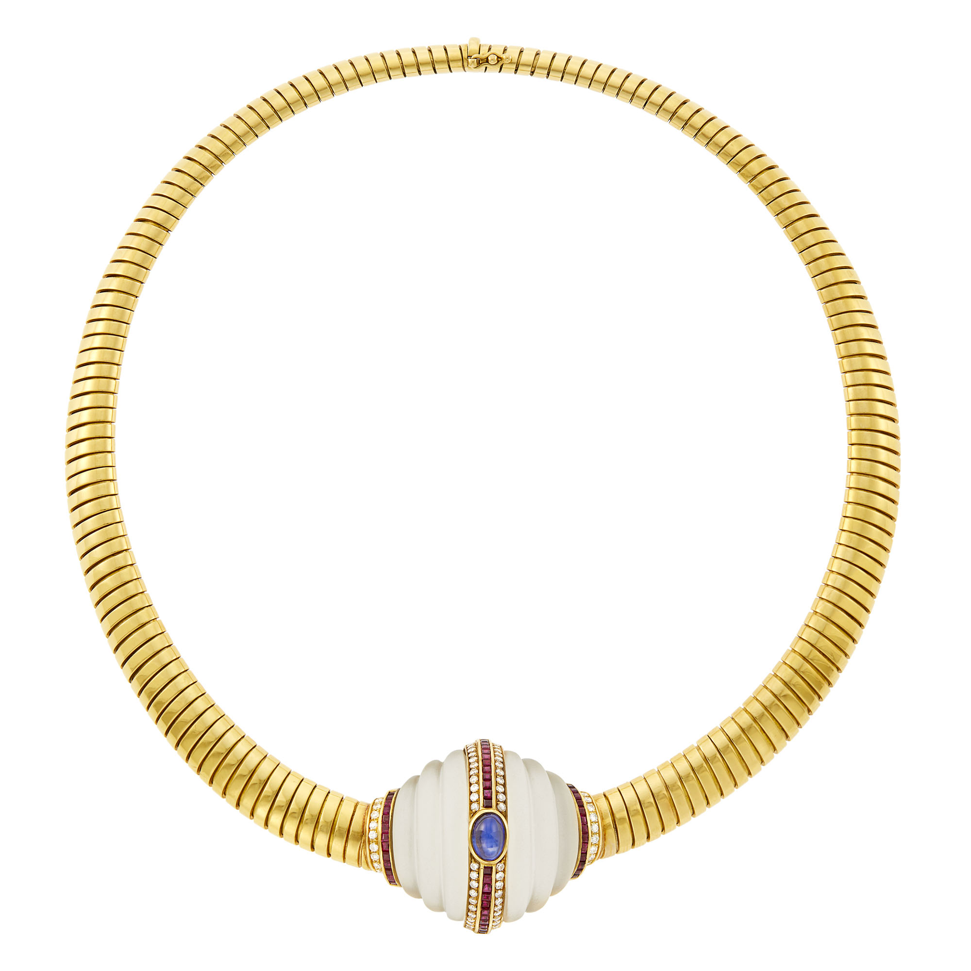 Lot image - Gold, Carved Frosted Rock Crystal, Sapphire, Ruby and Diamond Snake Link Necklace