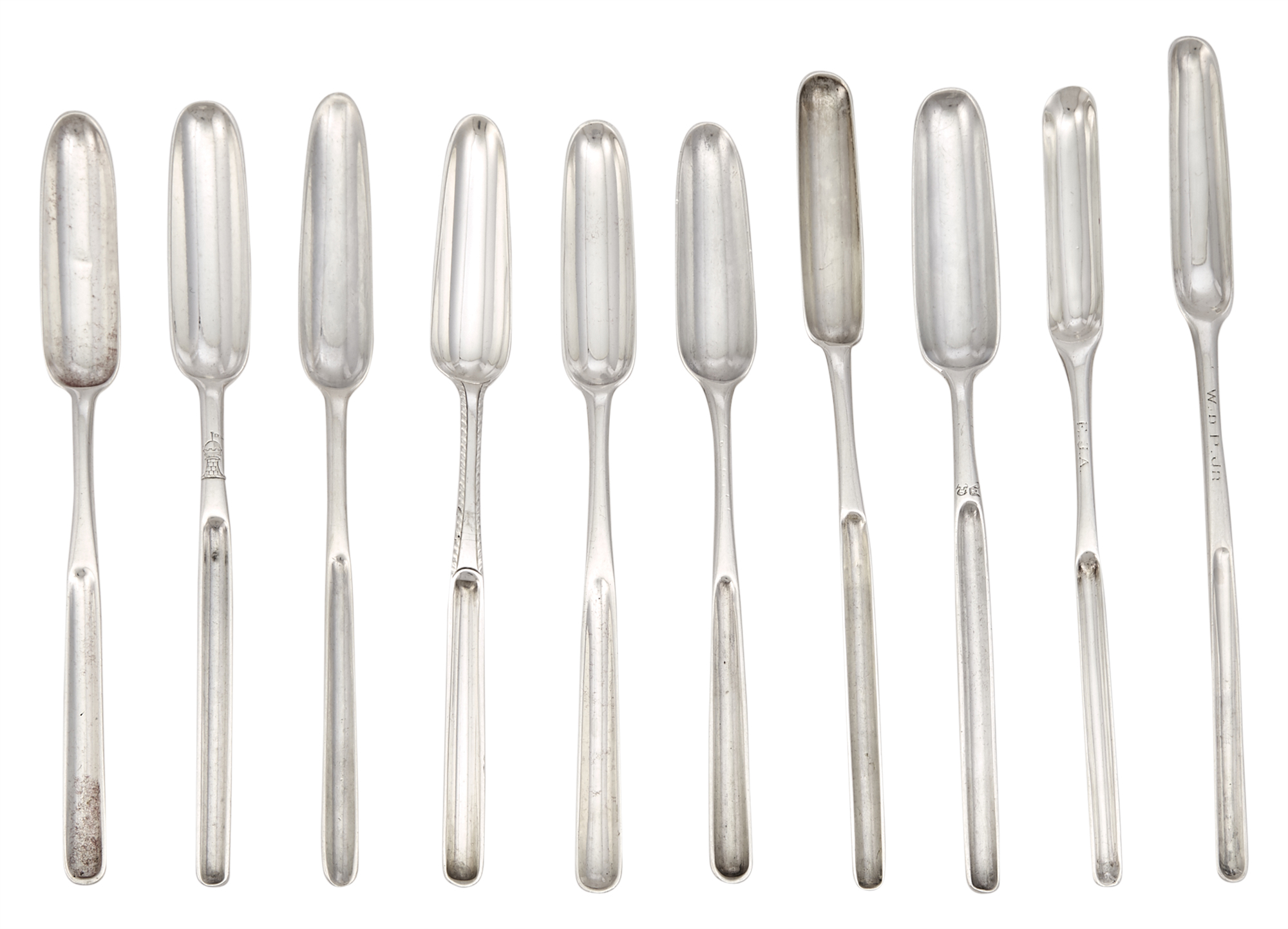 Lot image - Group of Ten George III Sterling Silver Marrow Scoops