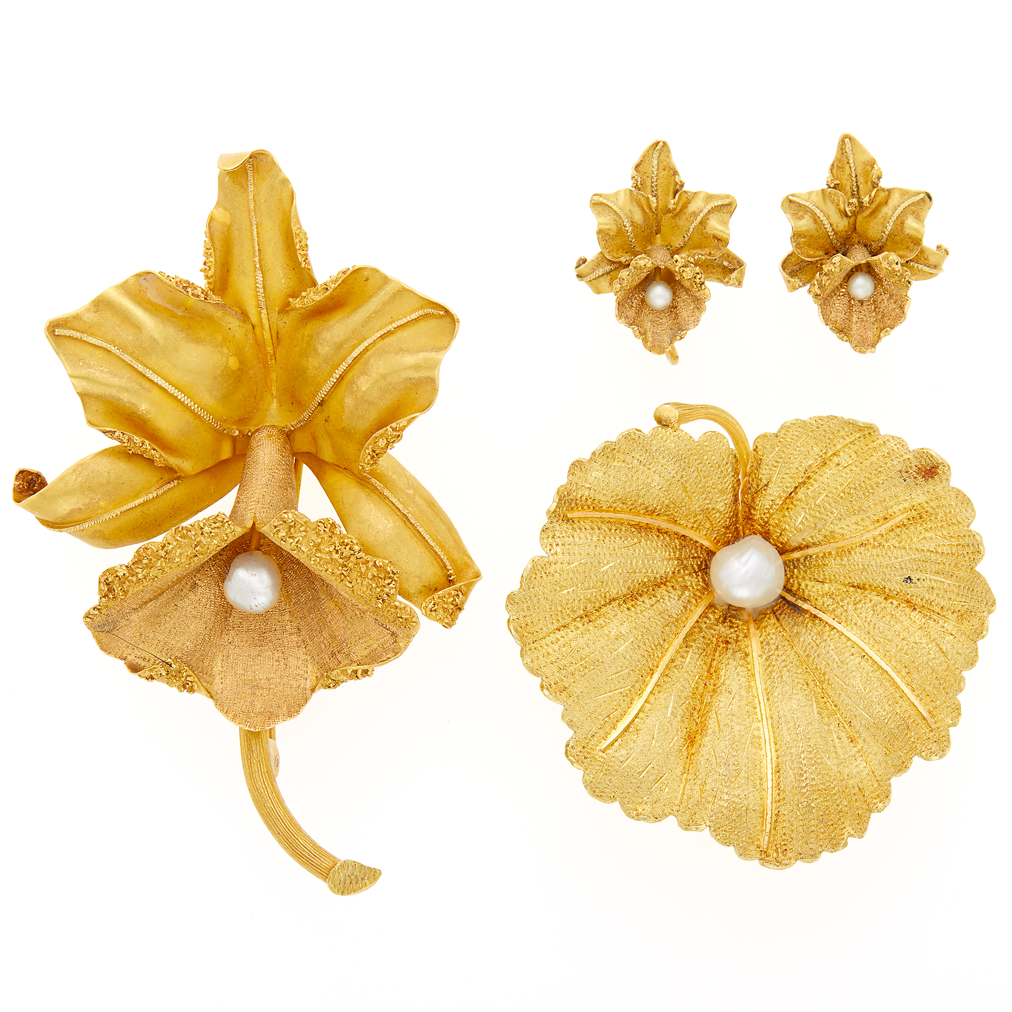 Lot image - Two Gold and Freshwater Pearl Flower Brooches and Pair of Earclips