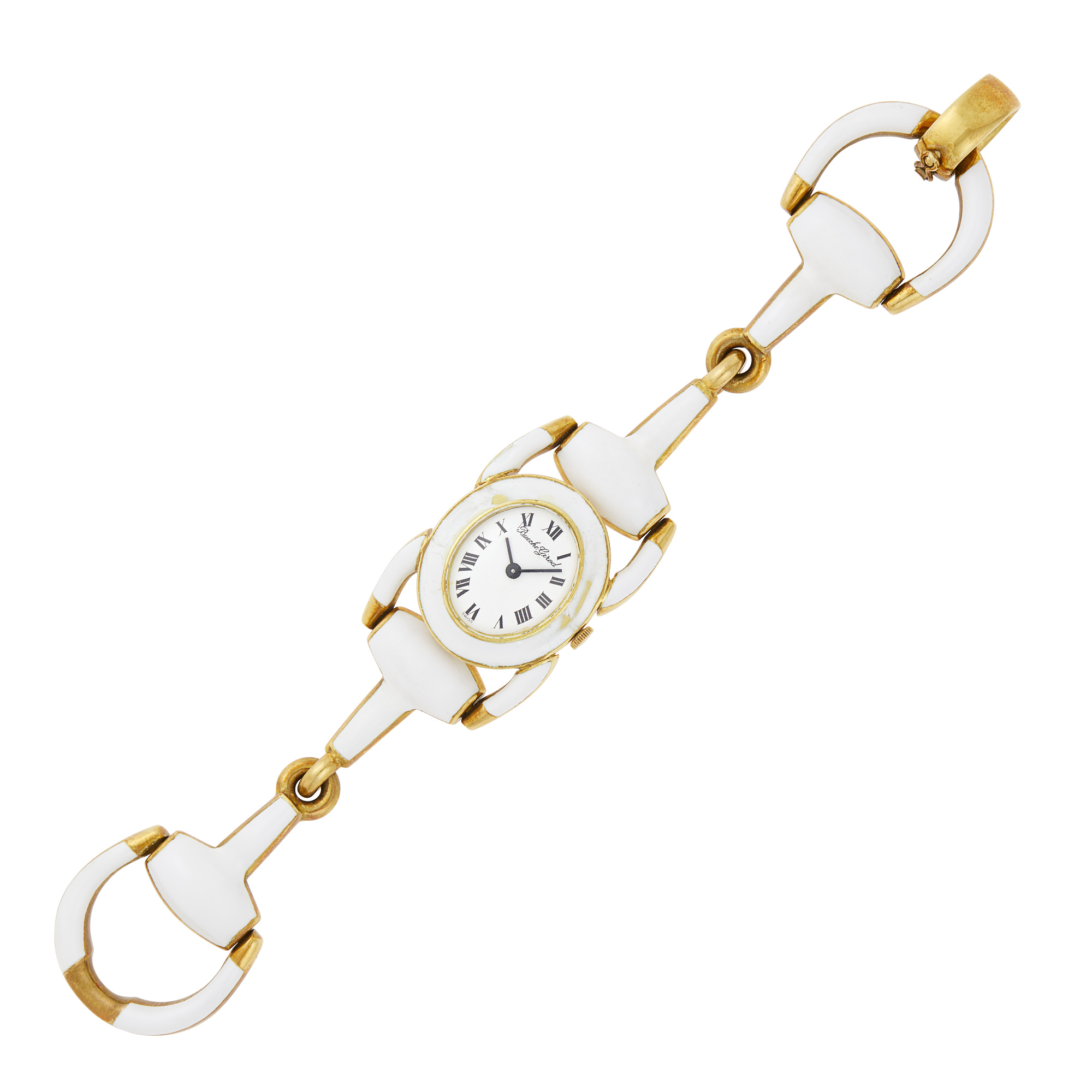 Lot image - Bueche Girod Gold and White Enamel Stirrup Link Wristwatch