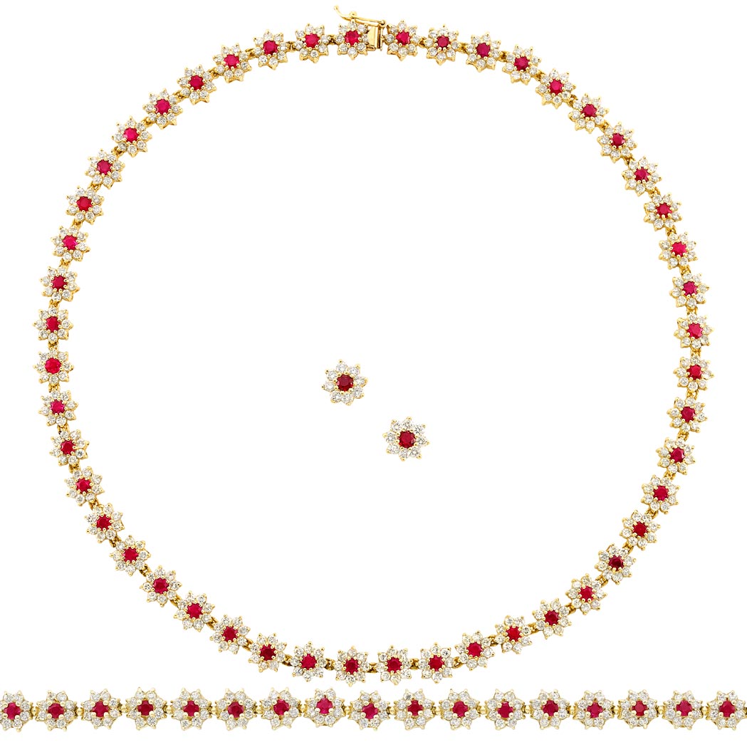 Lot image - Suite of Gold, Ruby and Diamond Floral Jewelry