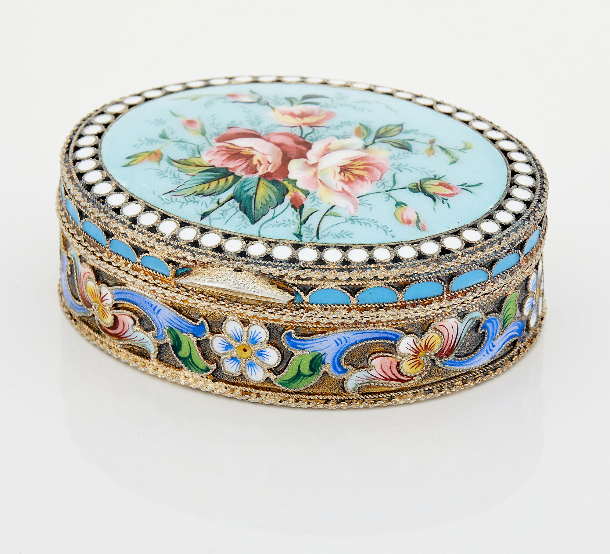 Lot image - Russian Silver-Gilt Cloisonné and En Plein Enamel Box