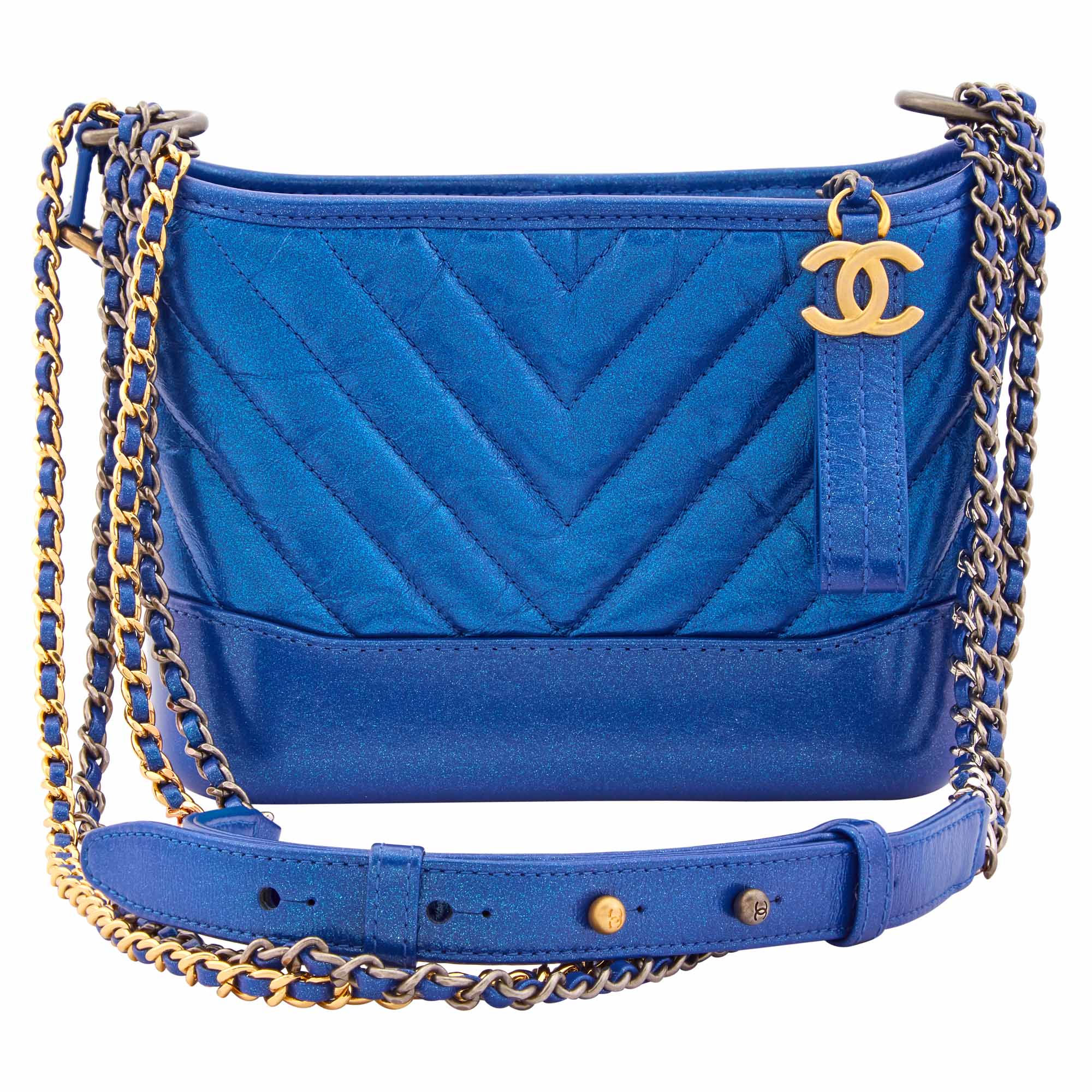 Lot image - Chanel Metallic Blue Quilted Chevron Small Gabrielle Hobo Bag
