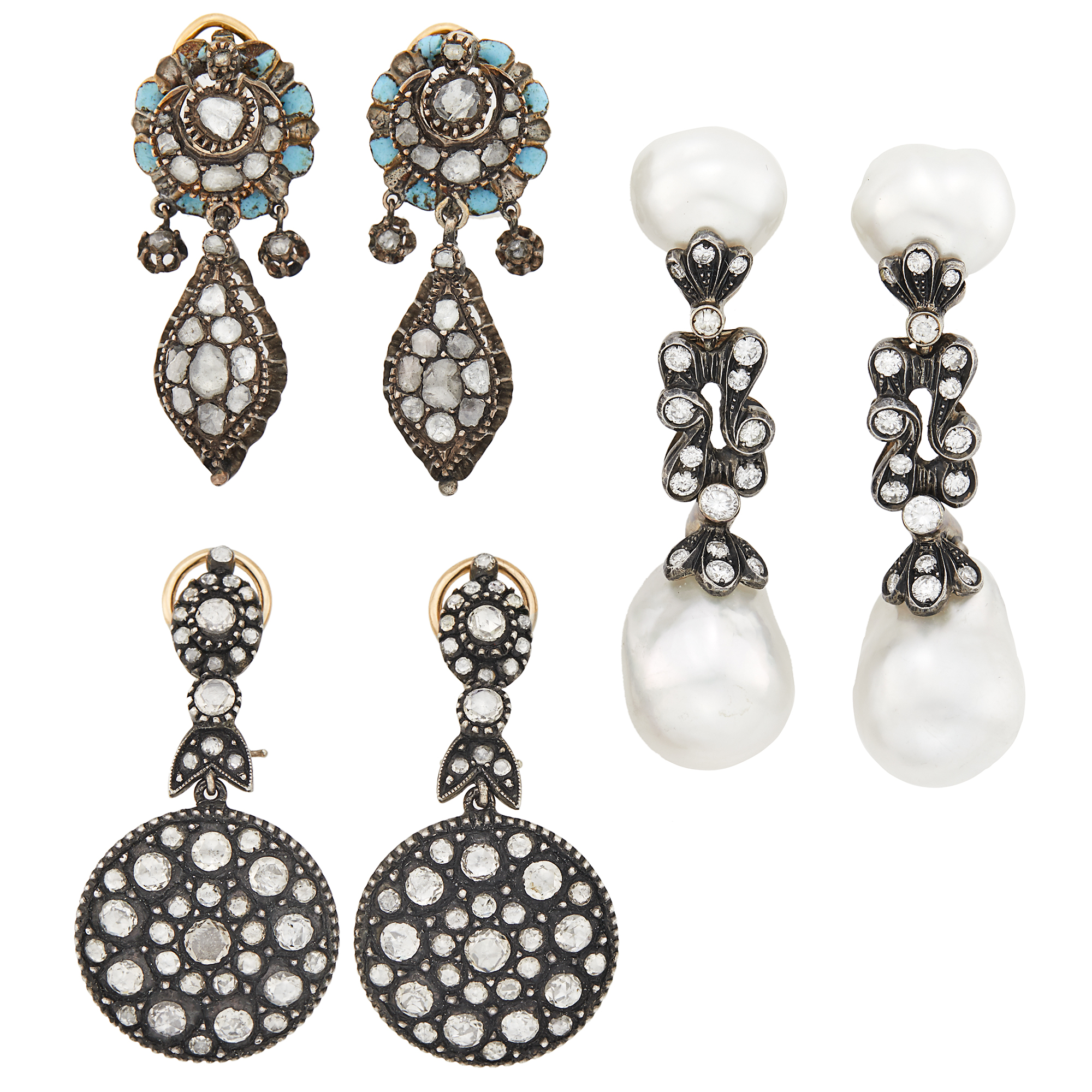 Lot image - Three Pairs of Gold, Silver, Silver-Gilt, Baroque Cultured Pearl, Turquoise Enamel and Diamond Pendant-Earrings
