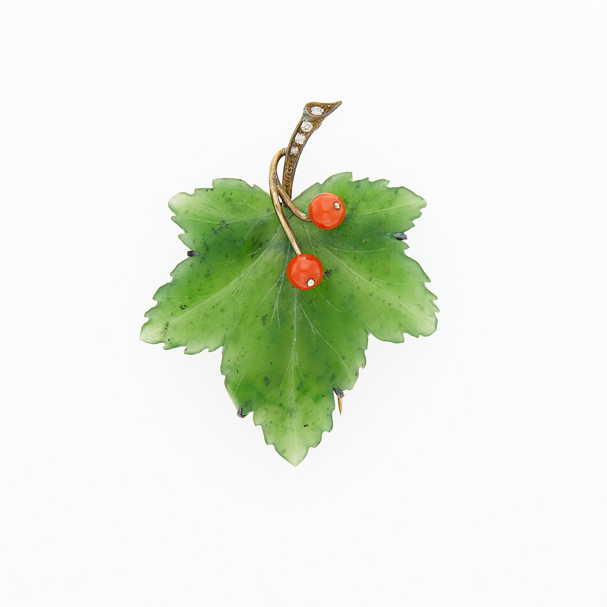 Lot image - Silver, Carved Nephrite Jade, Coral and Diamond Leaf Clip-Brooch