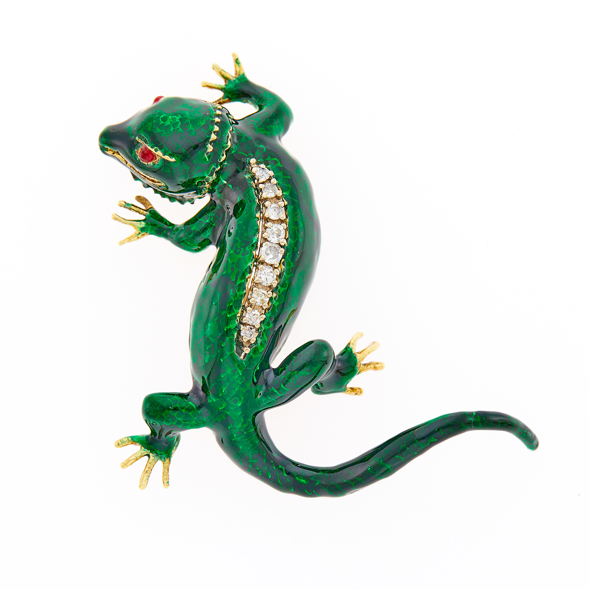 Lot image - Gold, Green Enamel and Diamond Lizard Brooch
