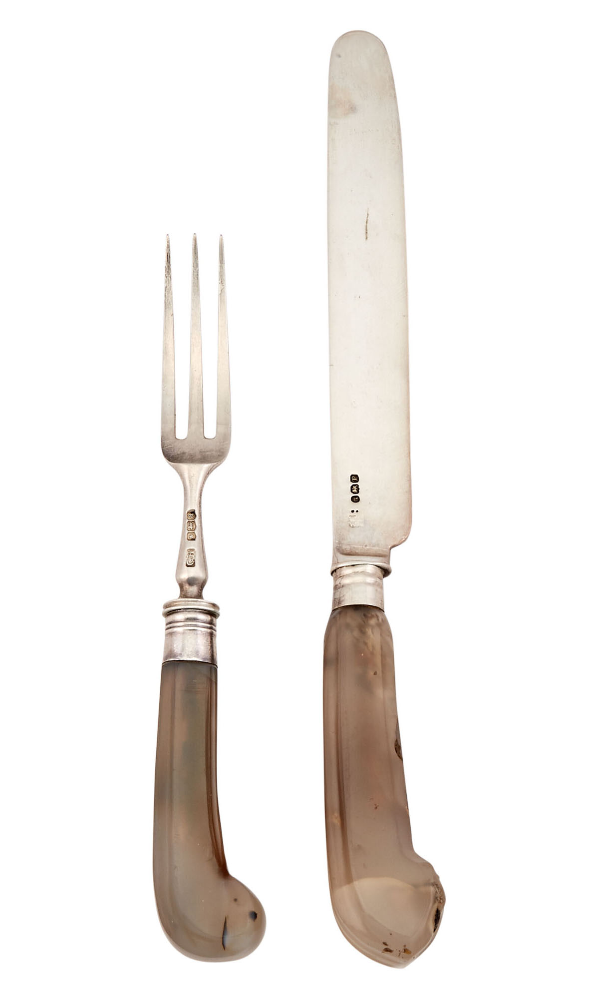 Lot image - Assembled George III/V Sterling Silver Agate Handled Fruit Service