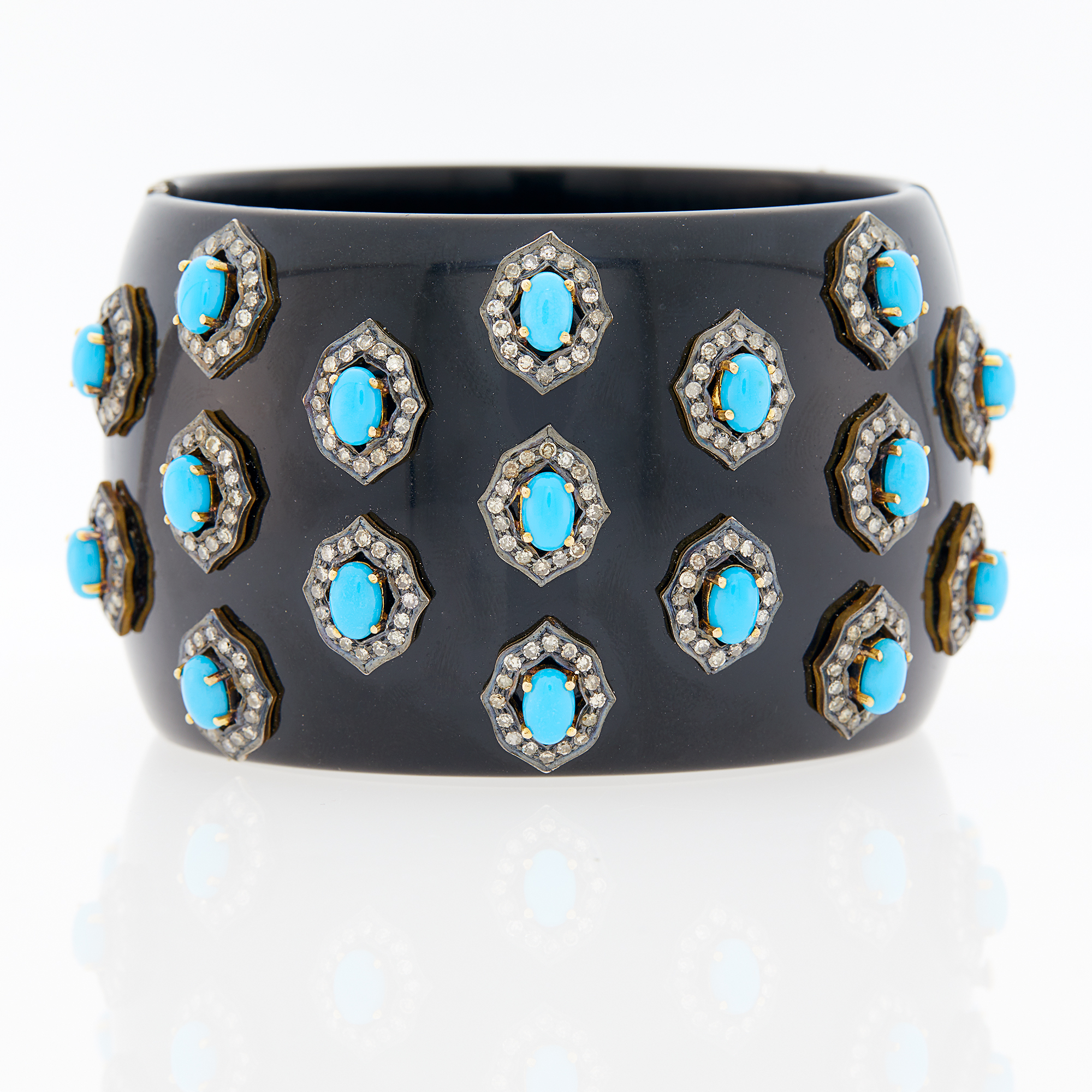 Lot image - Wide Black Onyx, Reconstituted Turquoise and Colored Diamond Cuff Bracelet