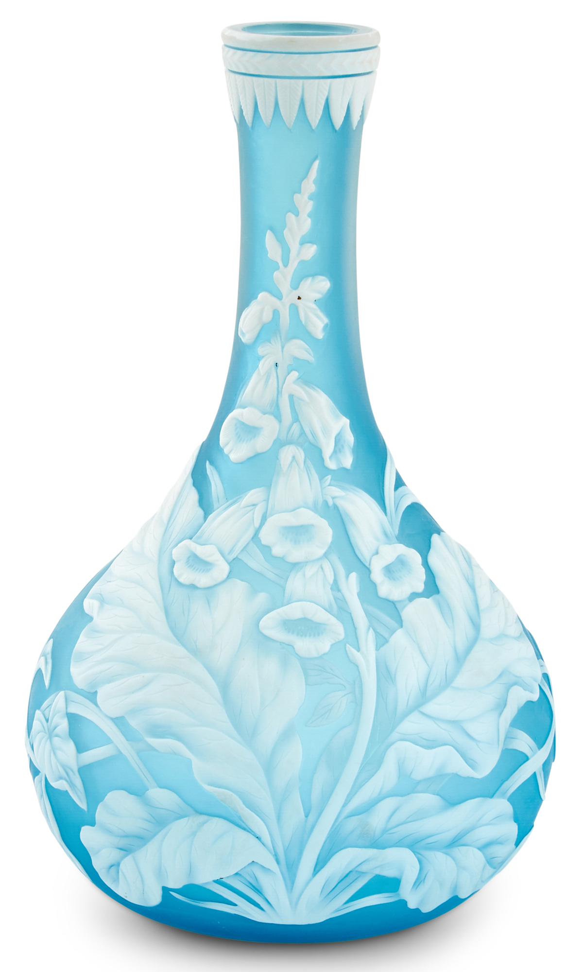 Lot image - Thomas Webb & Sons Acid-Etched and Wheel-Carved Blue and White Cameo Glass Foxgloves Vase